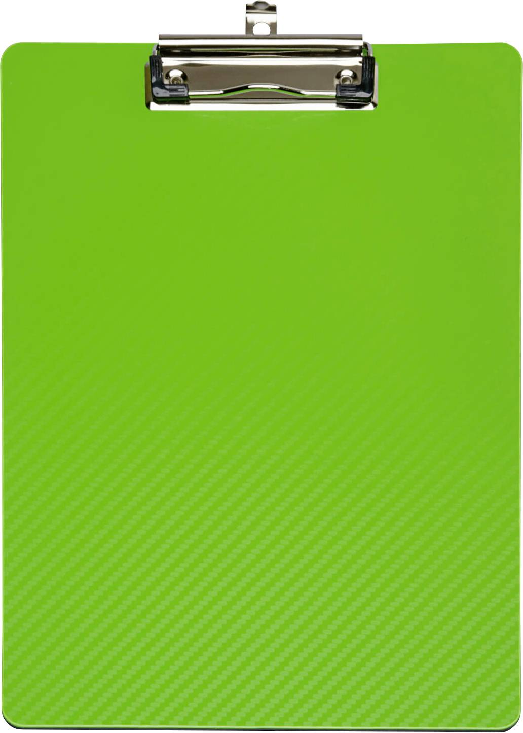 Presse-papiers vert avec un clip métallique en haut, sans objets ni texte supplémentaires visibles.