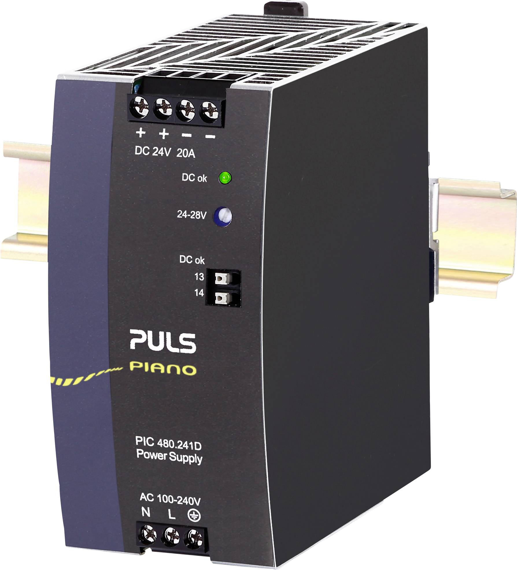 Alimentation PULS PIANO, modèle PIC 480.241D, montée sur rail DIN, avec sortie 24V DC à 20A.