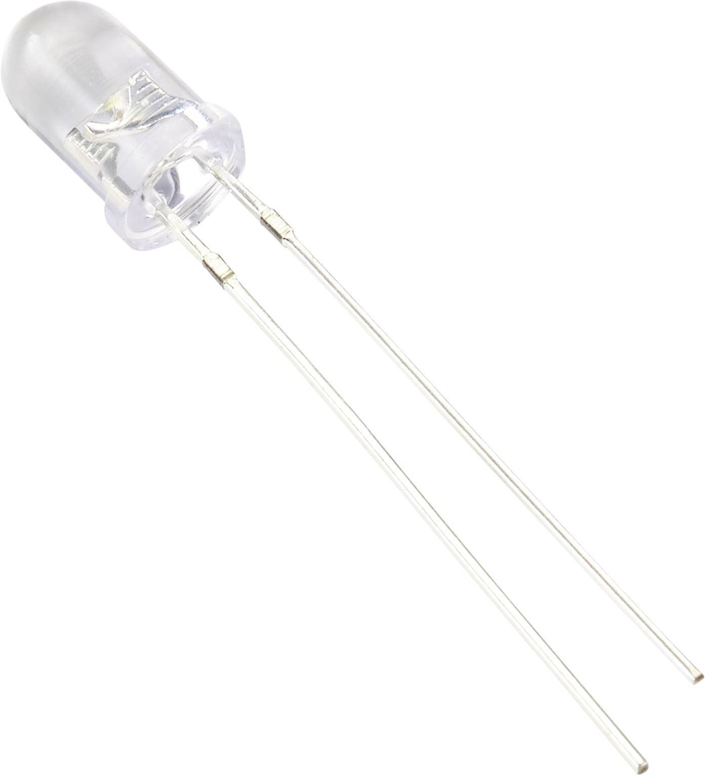Une diode LED transparente avec deux longues bornes métalliques sur un fond blanc.