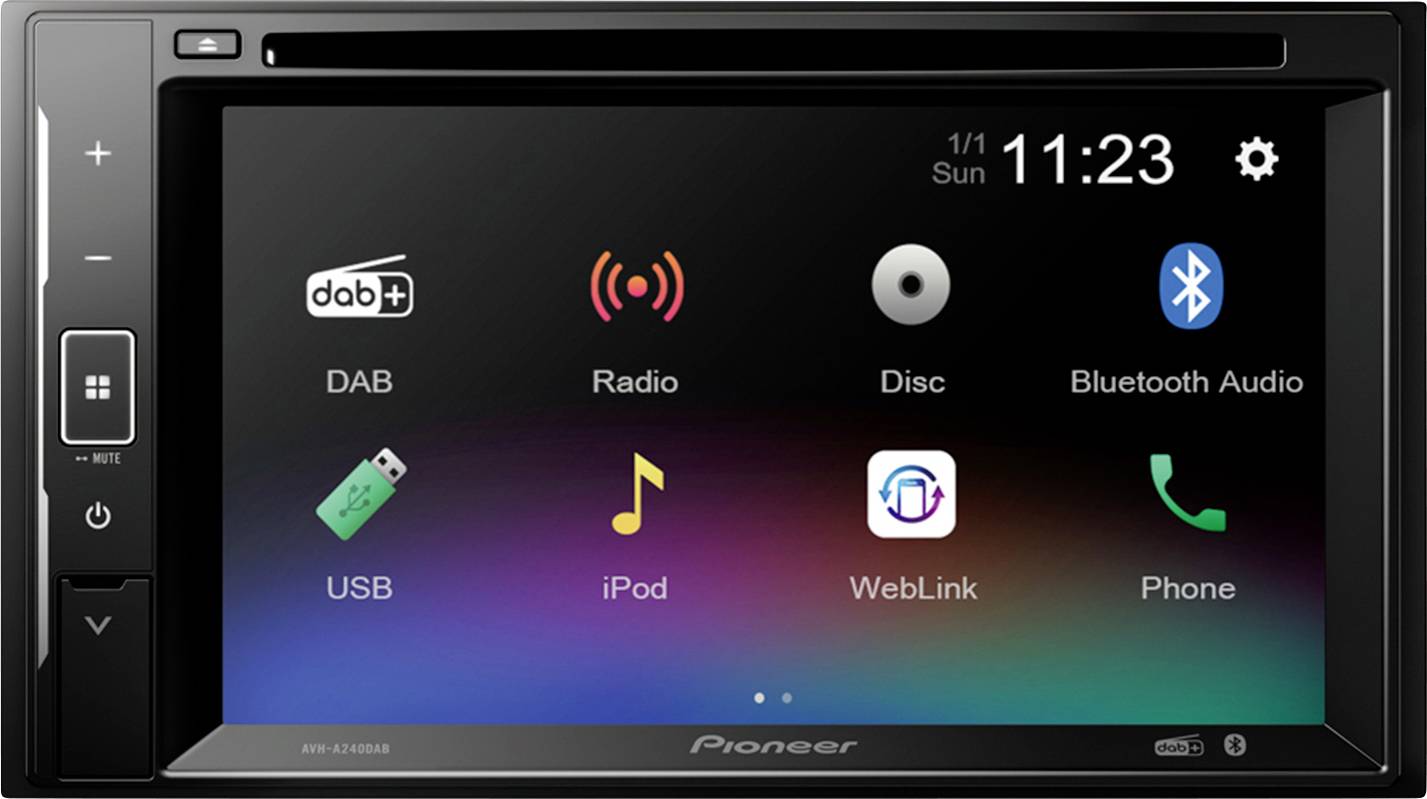 Affichage radio multifonction avec options telles que DAB, Radio, Disque, Audio Bluetooth, USB, iPod, WebLink et Téléphone. Affiche l'heure 11:23 et la date.