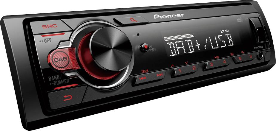 Autoradio à affichage numérique indiquant 'DAB+ USB'. Boutons pour le volume, la sélection des stations et la source d'entrée. Marque : Pioneer.