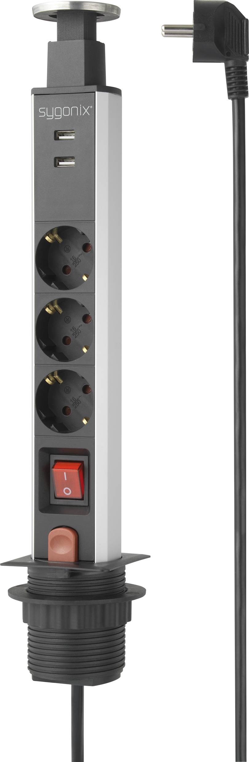 Multiprise avec trois prises électriques, deux ports USB et câble. Design vertical avec interrupteur marche/arrêt.