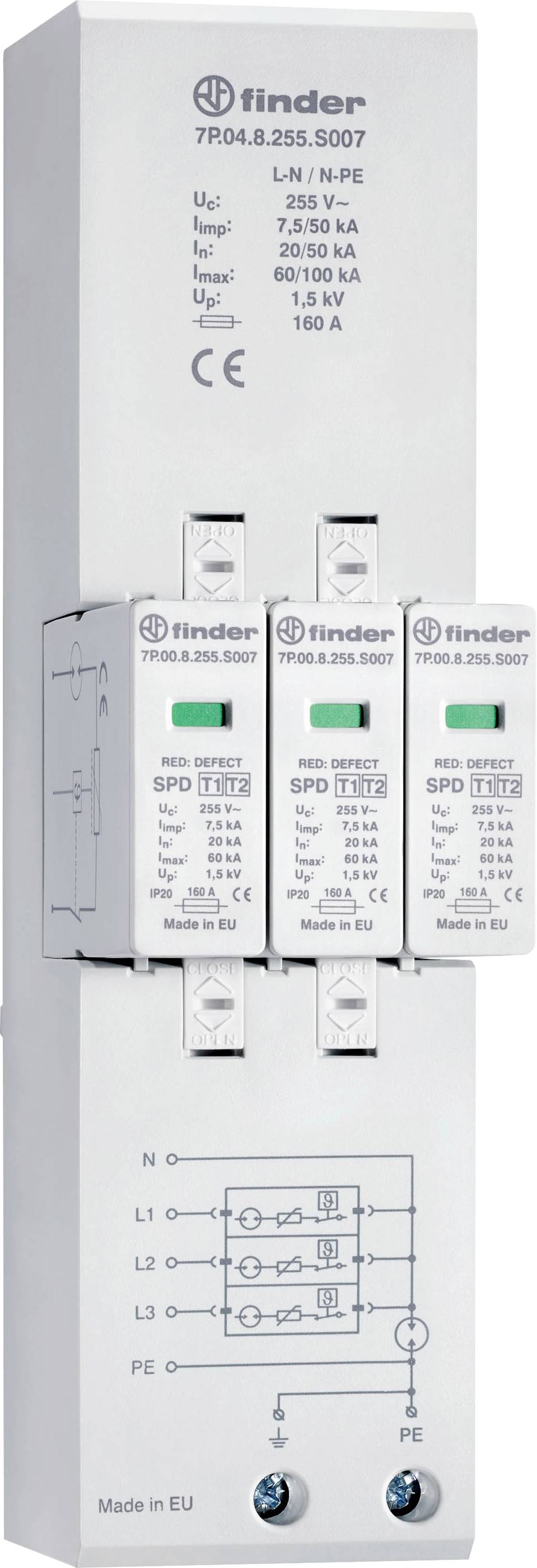 Un dispositif de protection contre les surtensions (DPS) avec trois modules de protection. Fabriqué dans l'UE. Développé pour la protection des tensions dans les systèmes électriques.