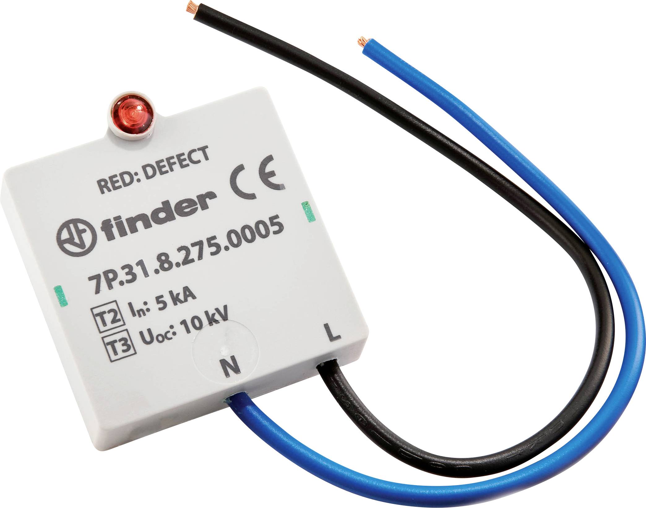 Un appareil électrique avec des câbles rouges et bleus. Inscription : 'finder 7P.31.8.275.0005 In : 5 kA Uoc : 10 kV'. Un voyant LED rouge indique un défaut.