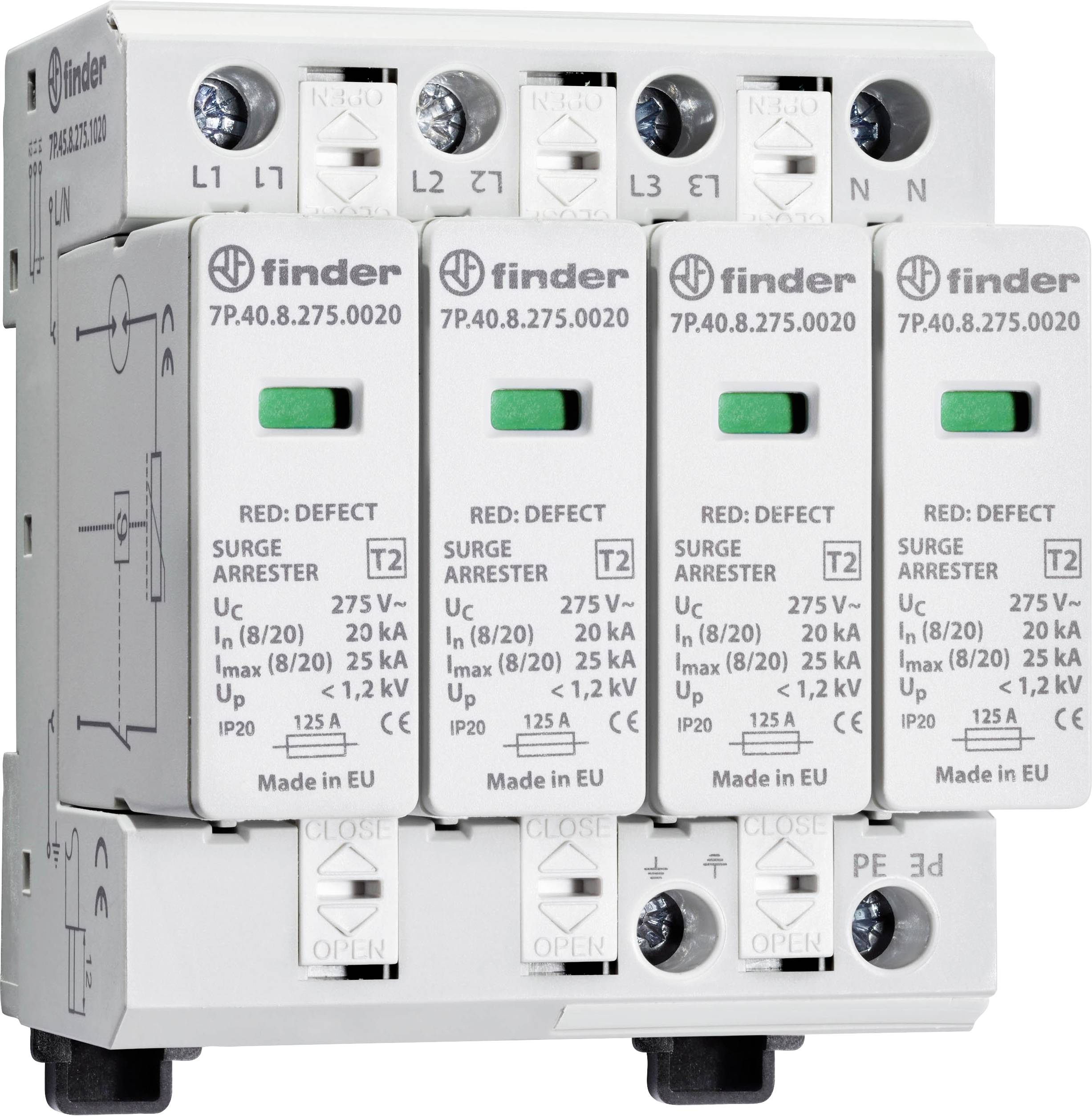 Un dispositif de protection contre les surtensions à modules multiples, étiqueté avec des spécifications techniques telles que la tension et la capacité de charge électrique.