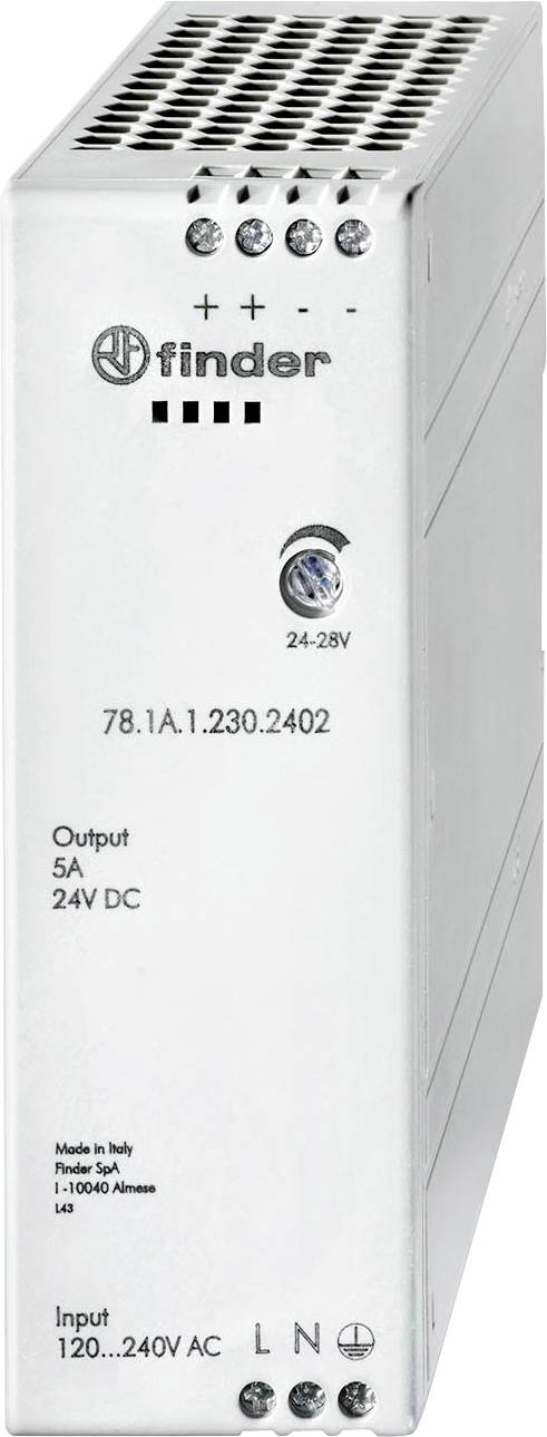 Finder Alimentation électrique, Modèle : 78.1A 1.230.2402. Sortie : 24V DC, 5A. Entrée : 120-240V AC. Indication : 24-28V.