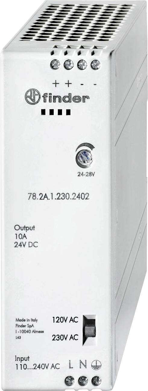 Unité d'alimentation à courant continu avec plage d'entrée de 110-240V AC et sortie 24V DC, puissance de 10A, adaptée aux applications industrielles.
