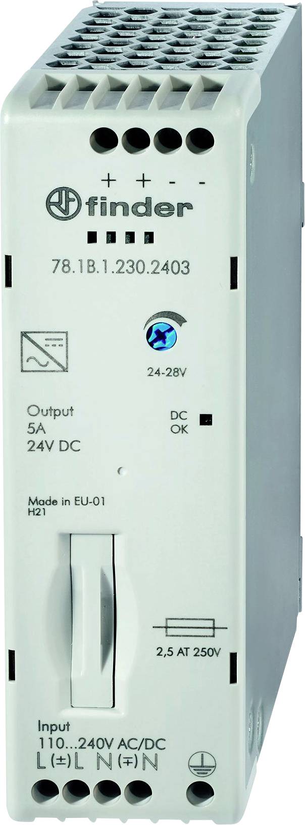 Un appareil électronique gris de Finder, prenant en charge des installations de 24-28V. Montre des interrupteurs, des voyants LED et des informations techniques.
