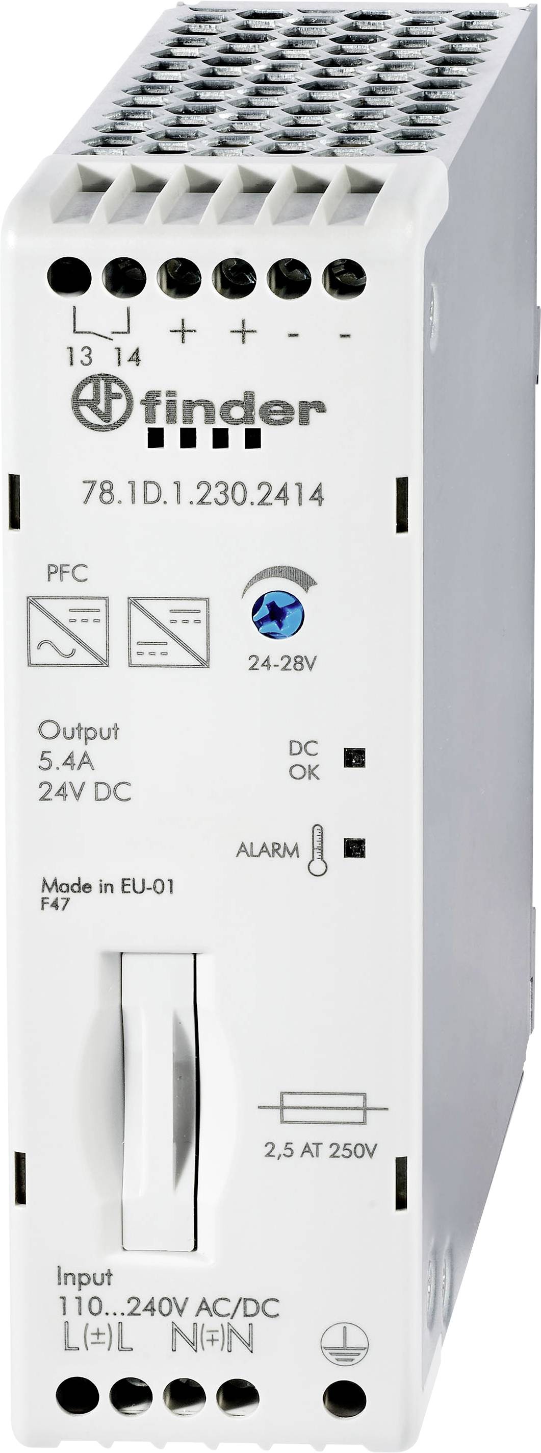 Unité d'alimentation électrique avec entrée 110-240V AC/DC et sortie 24V DC, 5,4A. Comprend des voyants de statut pour DC OK et Alarme.