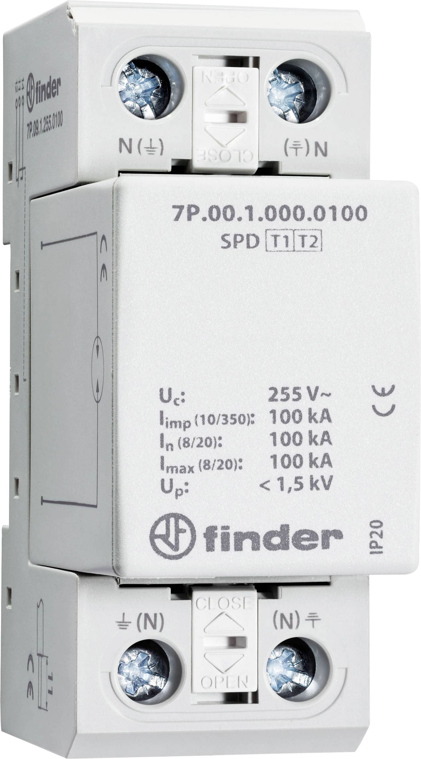 Dispositif de protection contre les surtensions de Finder avec spécifications techniques : Uc 255 V~, Iimp 100 kA, indice de protection IP20.