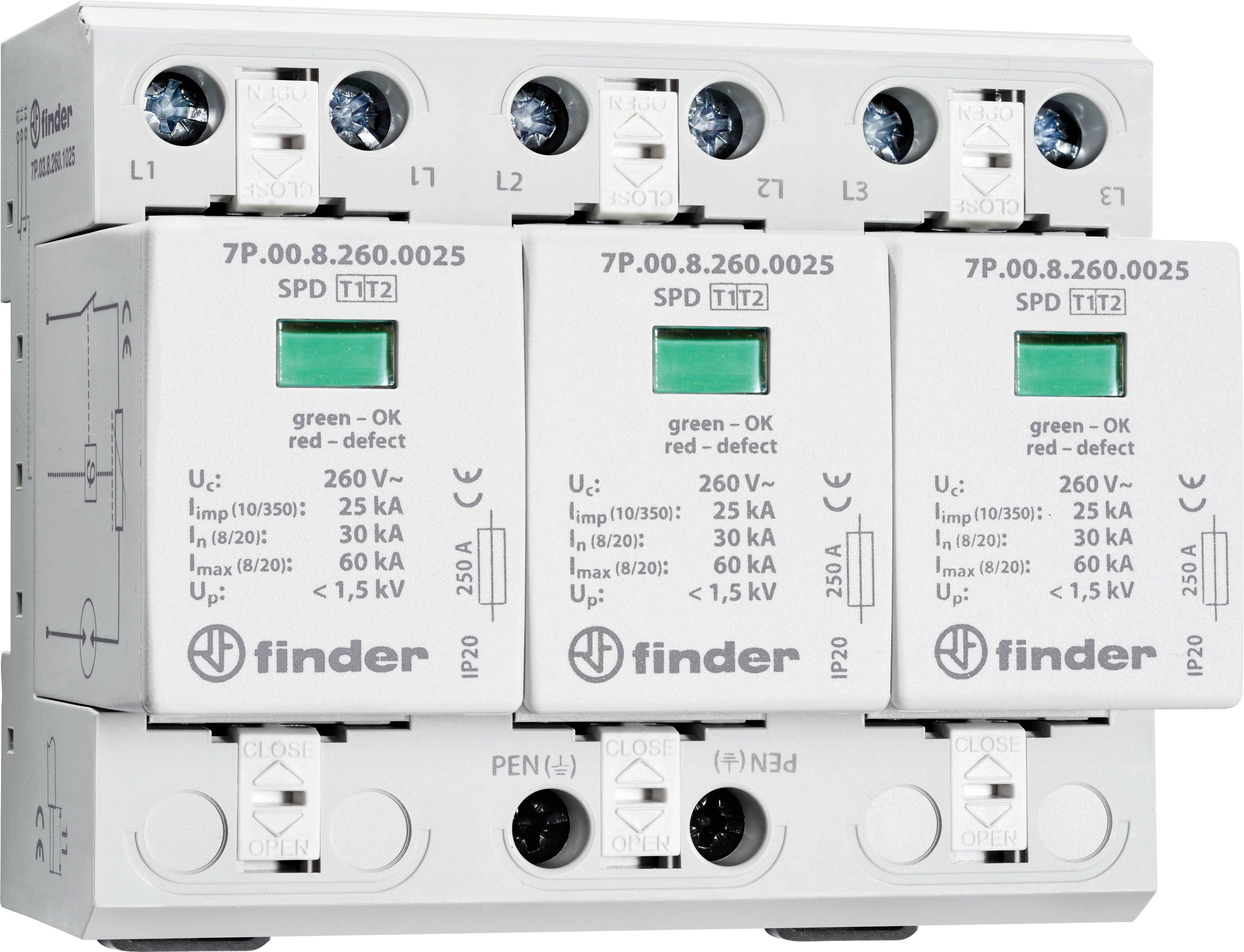 Protection contre les surtensions triphasée de Finder avec des voyants LED sur chaque phase pour la surveillance du statut.