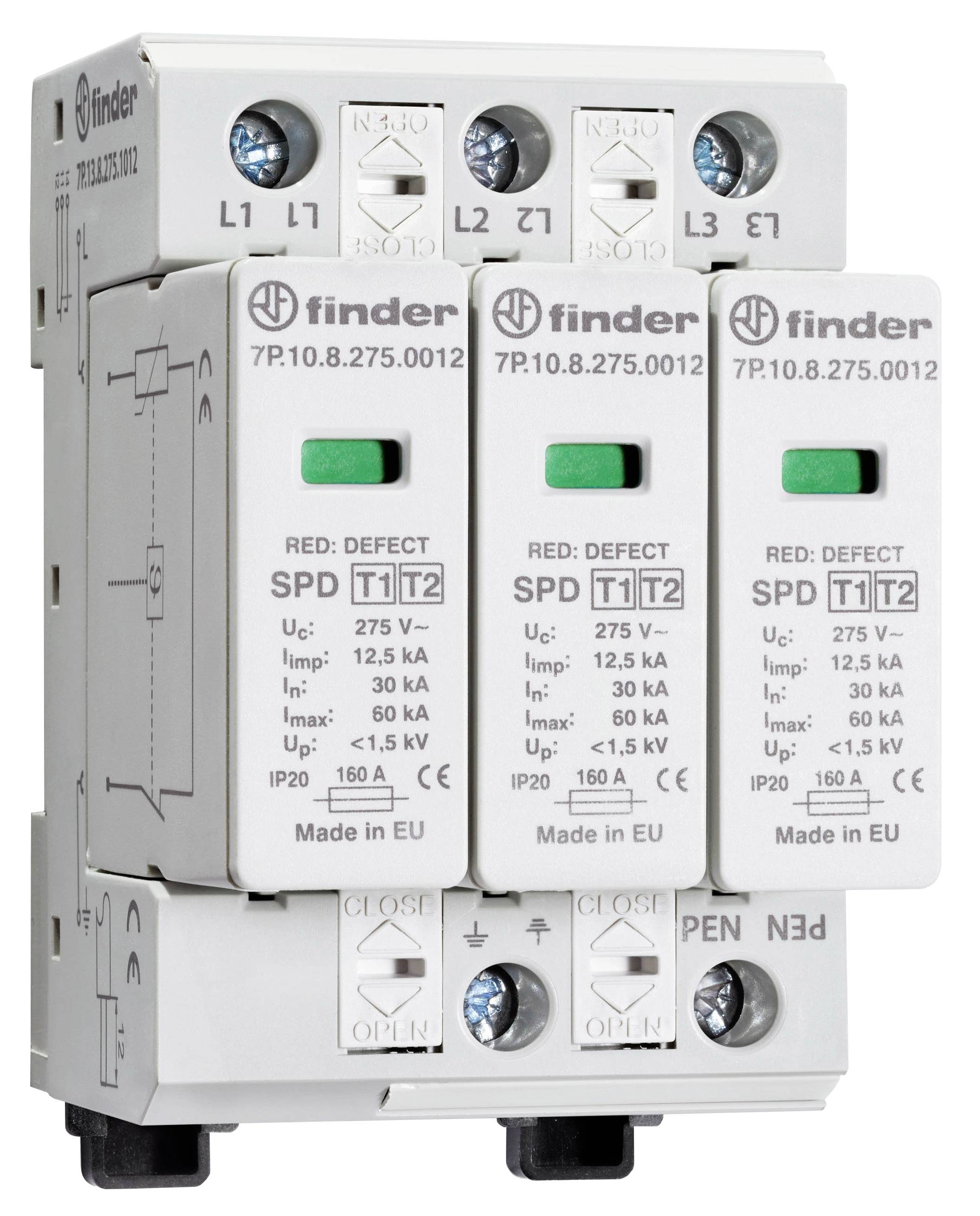 Un parafoudre triphasé avec l'inscription 'Finder SPD T1 T2'. Adapté pour la protection des installations électriques dans les bâtiments.