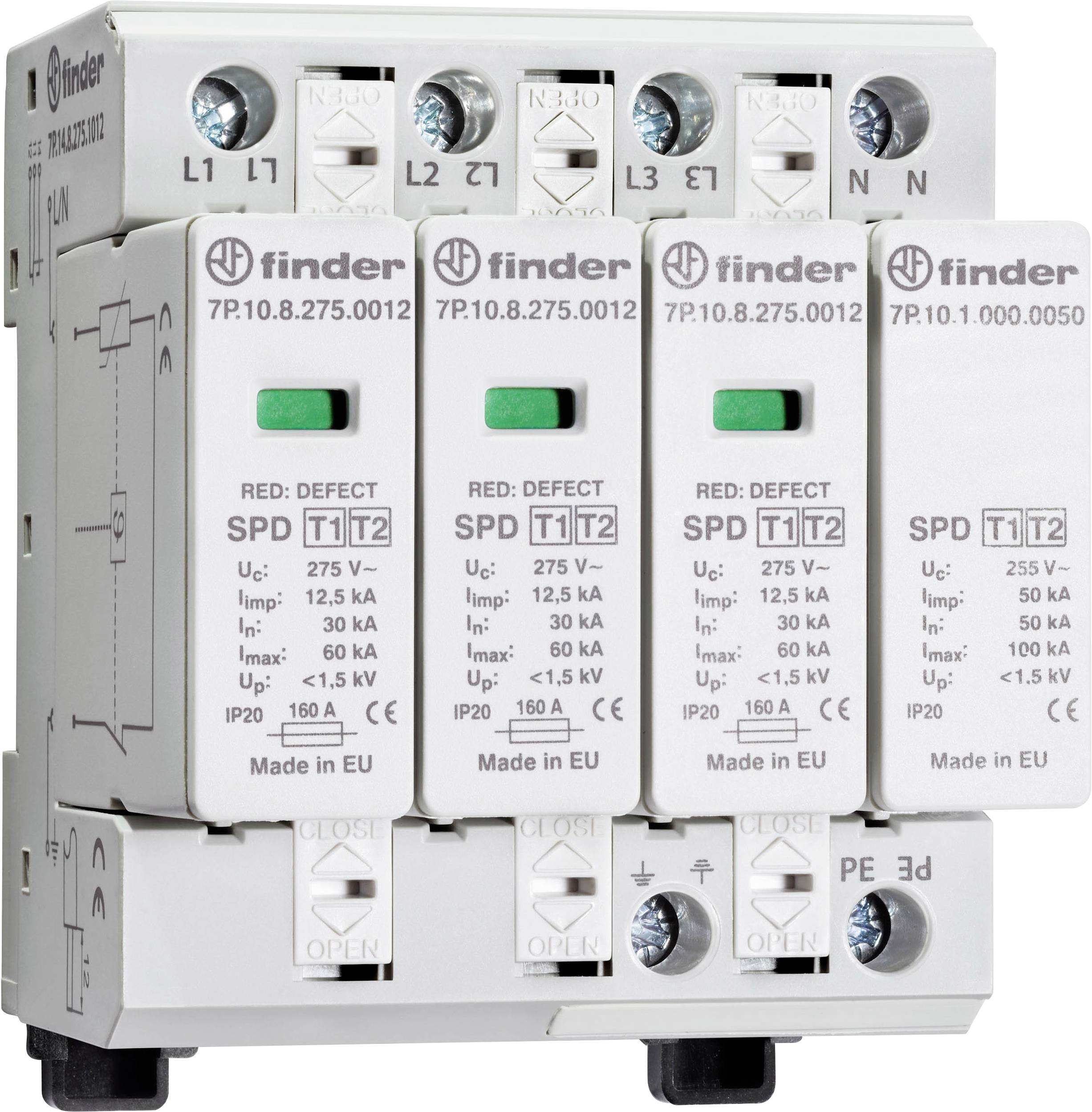 Dispositif de protection contre les surtensions à trois modules, avec l'inscription 'Finder', indications de tension et d'intensité sur chaque module, coloris blanc et gris.