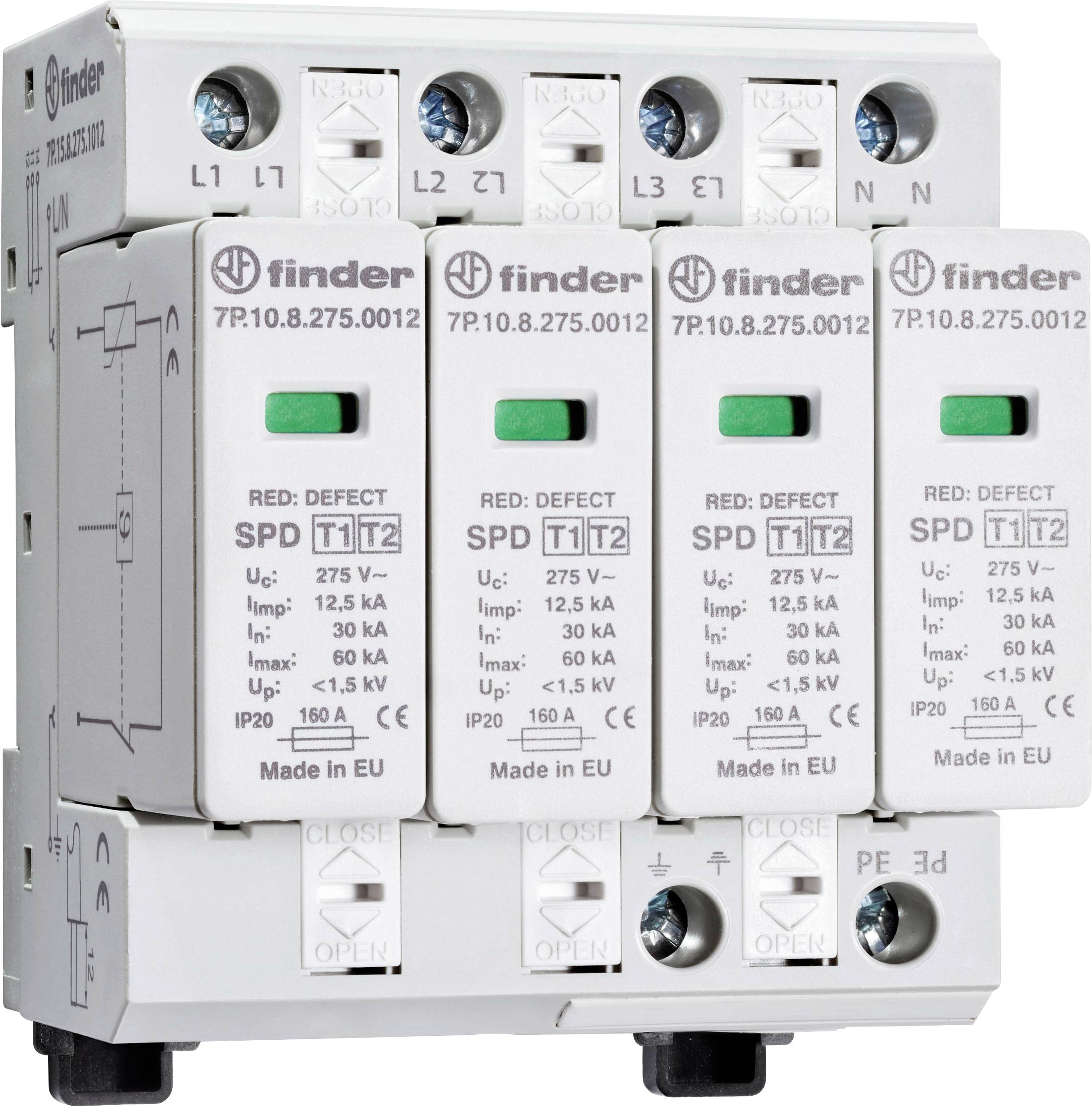 Un dispositif de protection contre les surtensions avec quatre modules connectés, chacun portant des voyants lumineux et des spécifications techniques imprimées.
