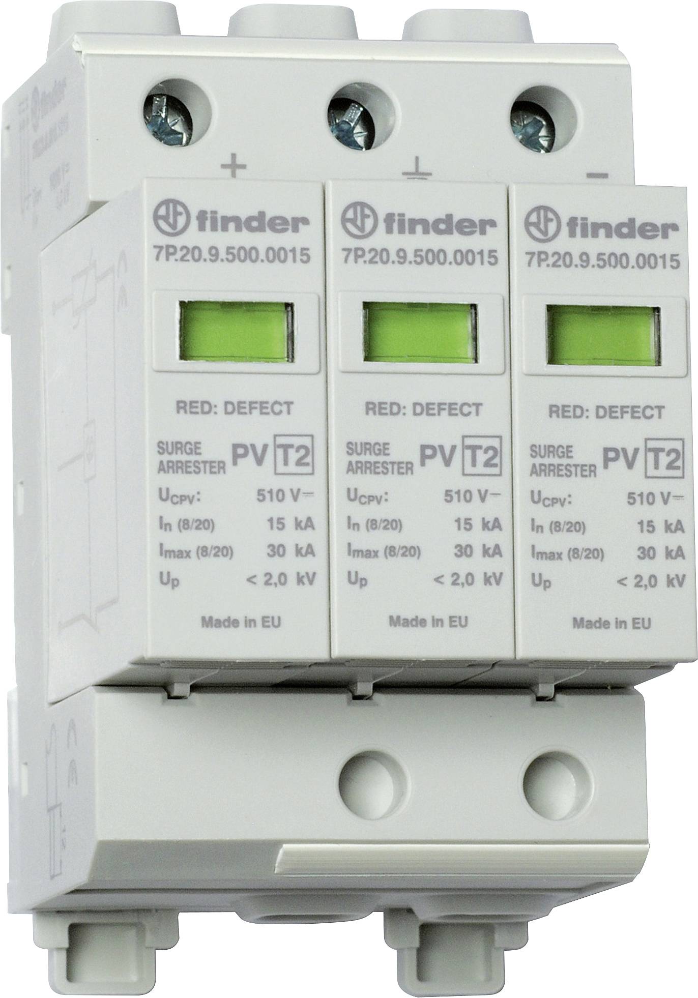 Parafoudre à trois modules, avec nom de marque et spécifications techniques sur la face avant, indicateurs verts pour le statut de fonctionnement.