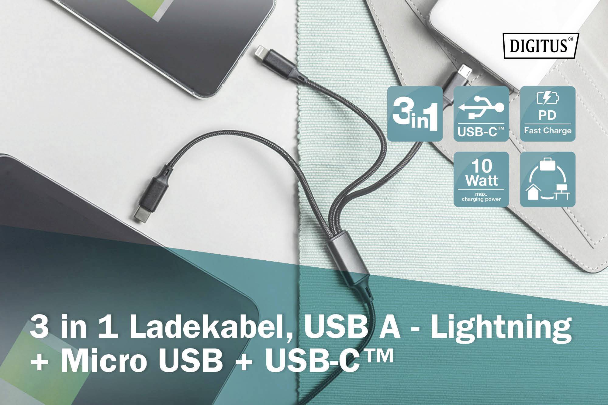 Câble de charge triple USB A, Lightning, Micro USB, USB-C. Prend en charge la charge rapide et 10 watts. Idéal pour un chargement polyvalent.
