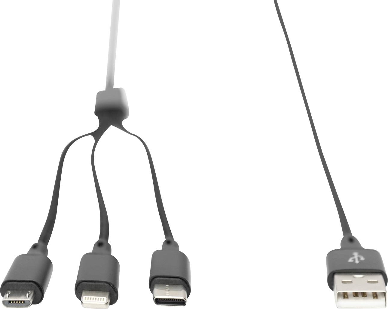 Câble USB noir avec trois types de connecteurs différents : Micro USB, Lightning et USB-C, sur un répartiteur. Idéal pour charger plusieurs appareils.