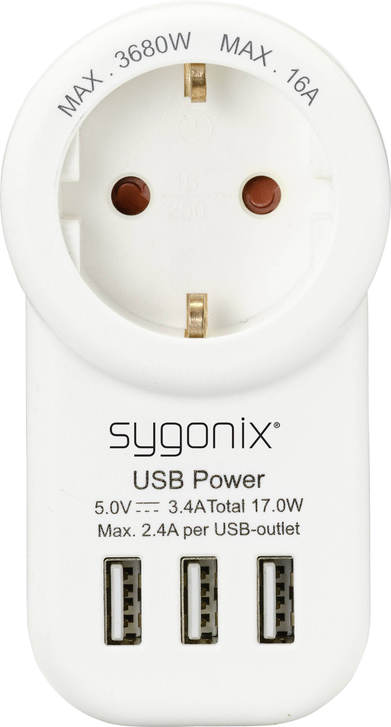 Prise blanche avec ports USB. Inscription : Sygnonix USB Power. Puissance maximale : 3680W, 16A, 5V, 3,4A, 17W au total.