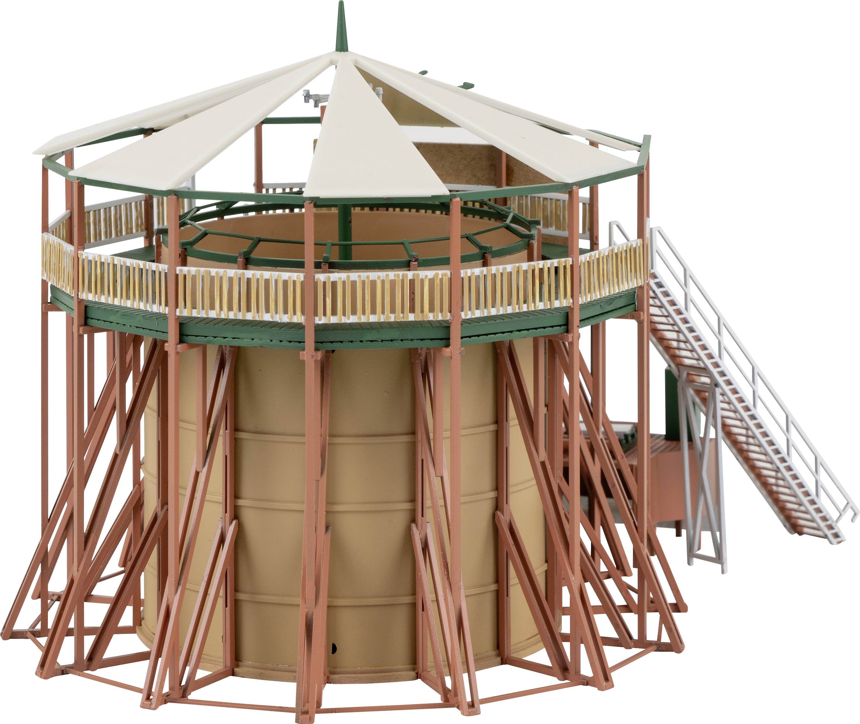 Modèle d'une maison circulaire stylisée avec un escalier et un toit ouvert. Elle présente une structure à ossature bois.