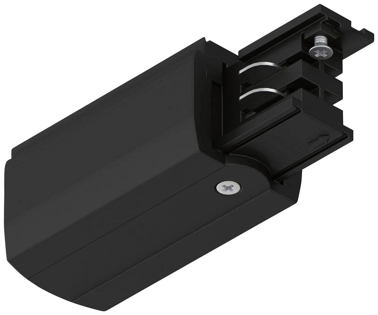 Connecteur électrique noir pour systèmes de rails, avec deux vis visibles et un boîtier robuste.