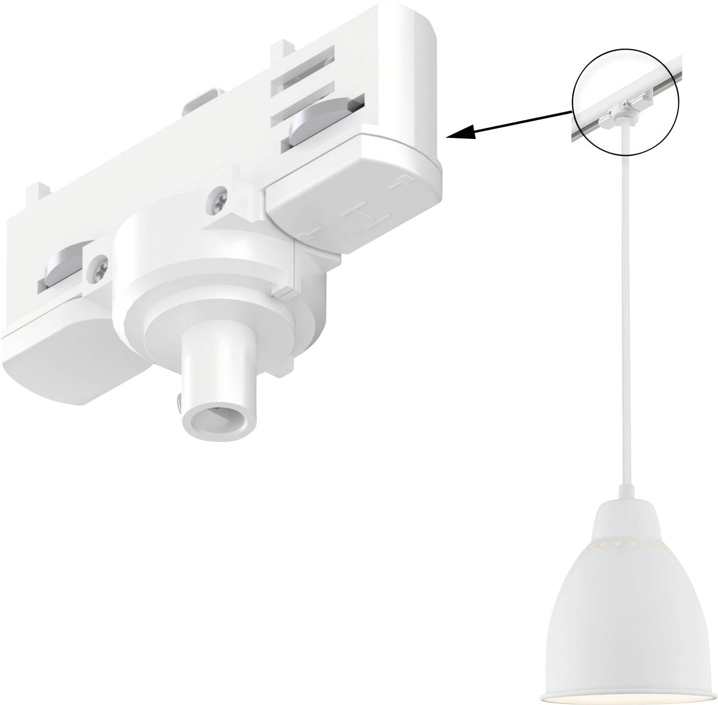 Une lampe suspendue blanche montée sur un système de rails. Une flèche pointe vers un gros plan du mécanisme de fixation.