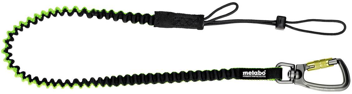 Longe de sécurité élastique noire avec des accents verts, équipée d'un mousqueton et d'une dragonne, de la marque 'Metabo' pour la sécurisation des outils.