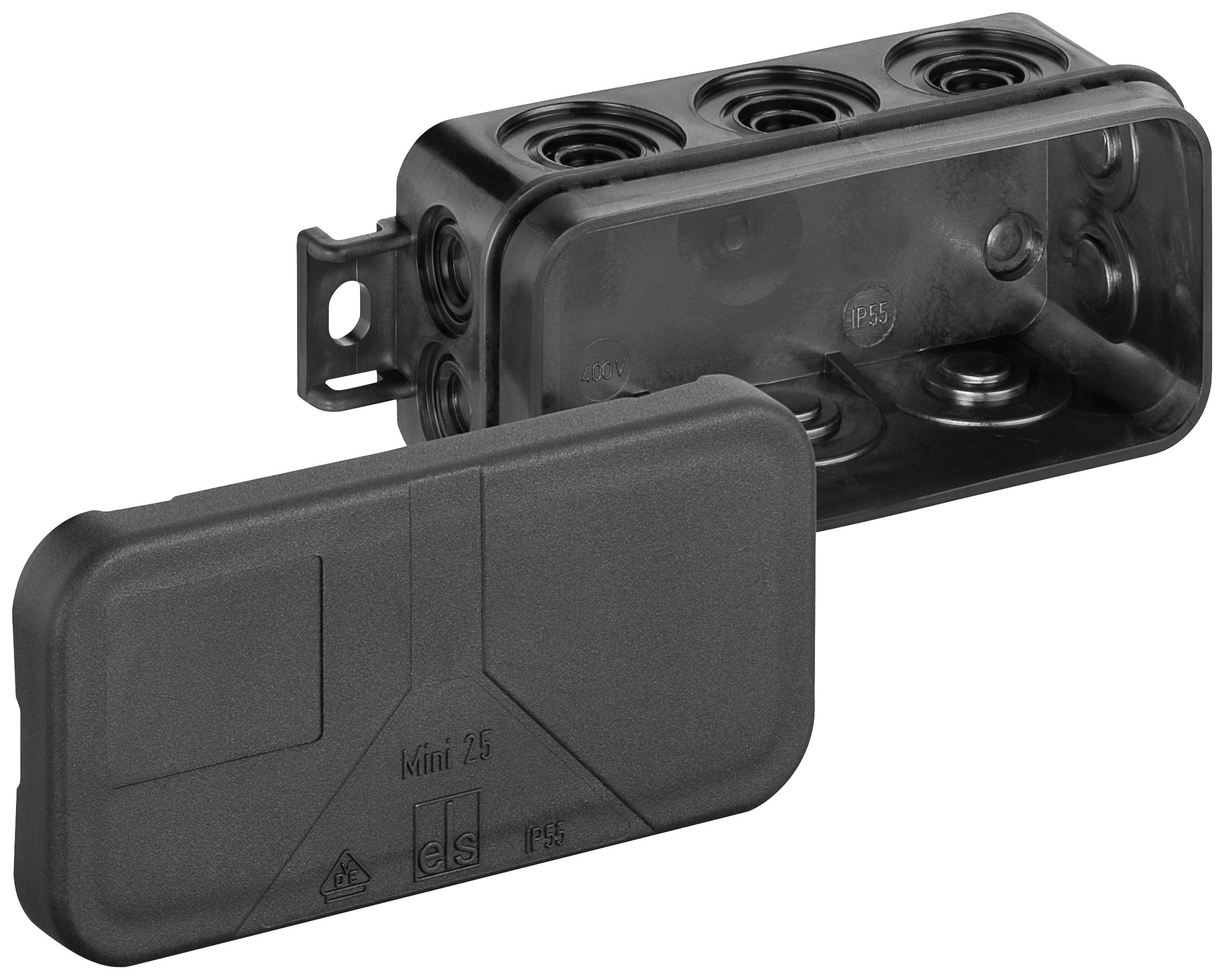 Prise électrique avec couvercle ouvert, montrant plusieurs entrées de câbles. Boîtier noir avec marquage IP65.