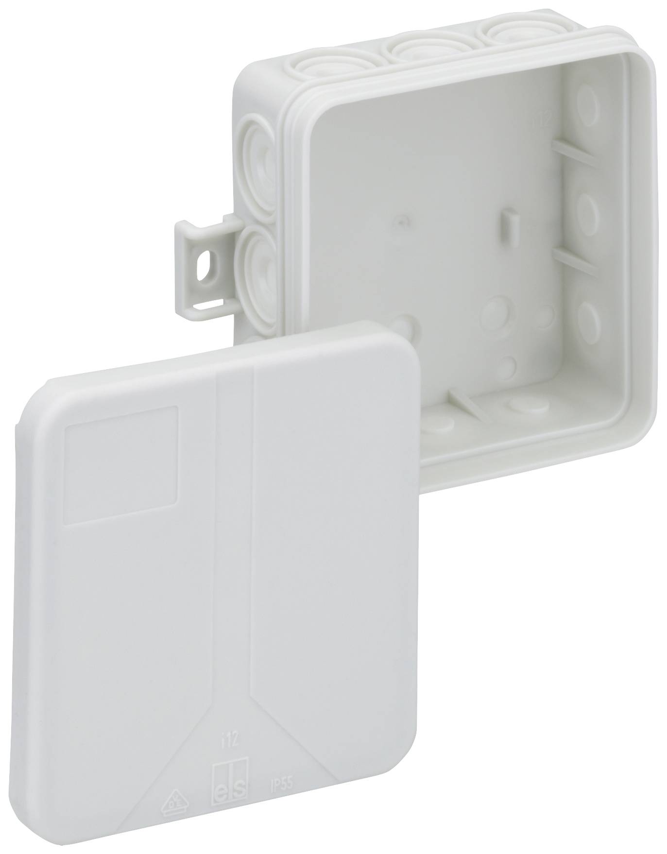 Boîte de dérivation carrée blanche en plastique avec couvercle amovible. Adaptée aux installations électriques pour la connexion de câbles.