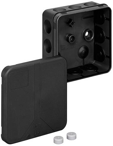 Boîte de dérivation en plastique noir avec couvercle ouvert, montrant les points de fixation internes et les passages de câbles circulaires.