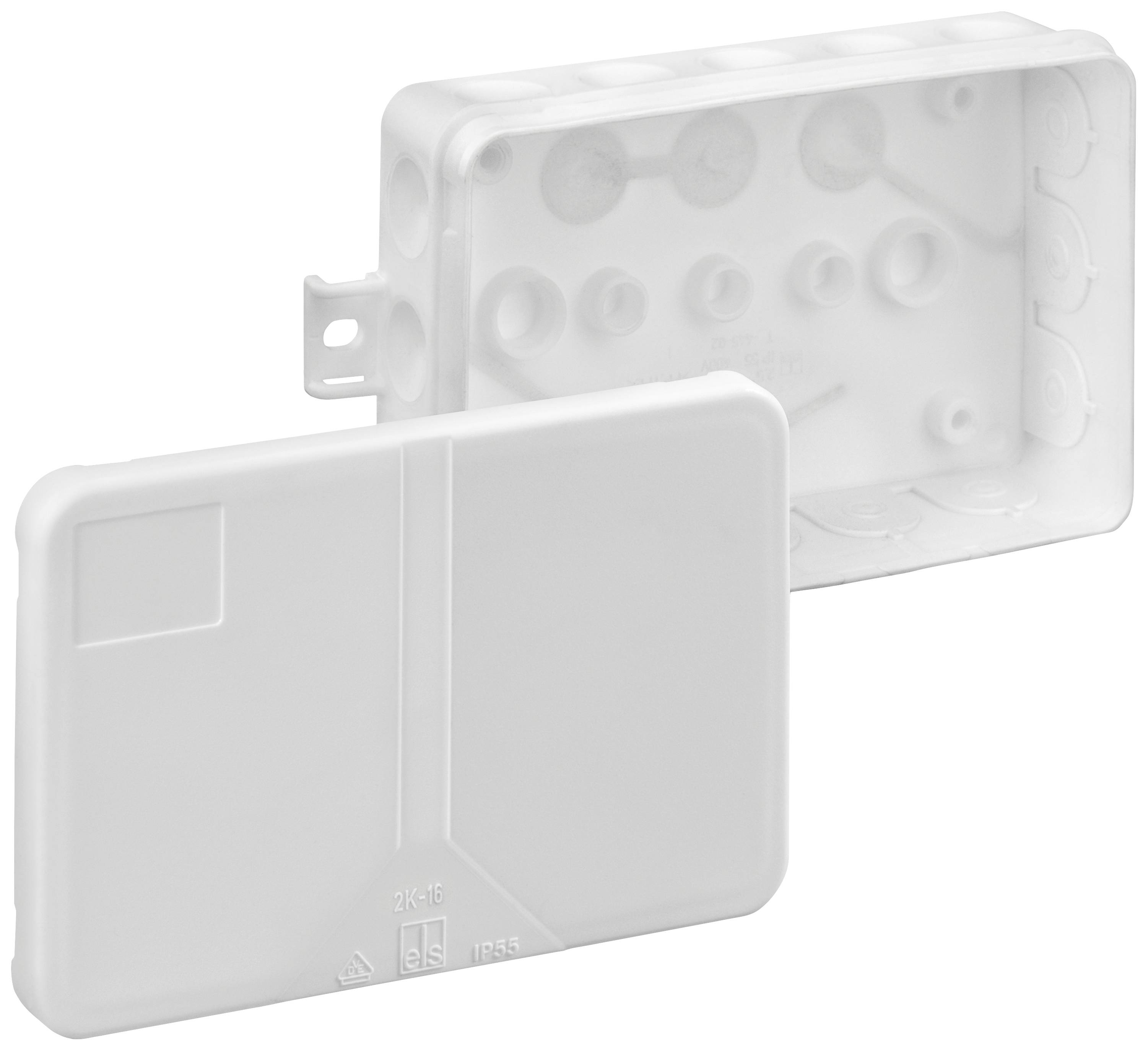 Boîte de dérivation rectangulaire blanche en plastique avec couvercle amovible, adaptée au câblage électrique et au montage mural.