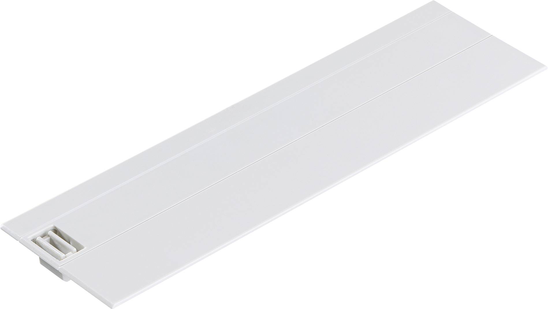 Un couvercle rectangulaire blanc en plastique avec un petit curseur intégré sur le côté gauche.