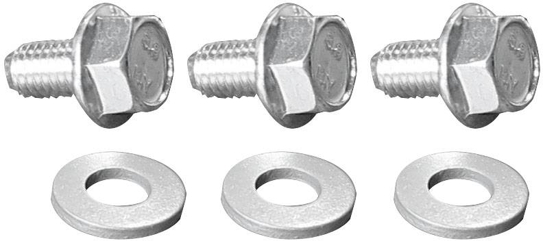 Trois vis à tête hexagonale en argent avec trois rondelles correspondantes, disposées en ligne.