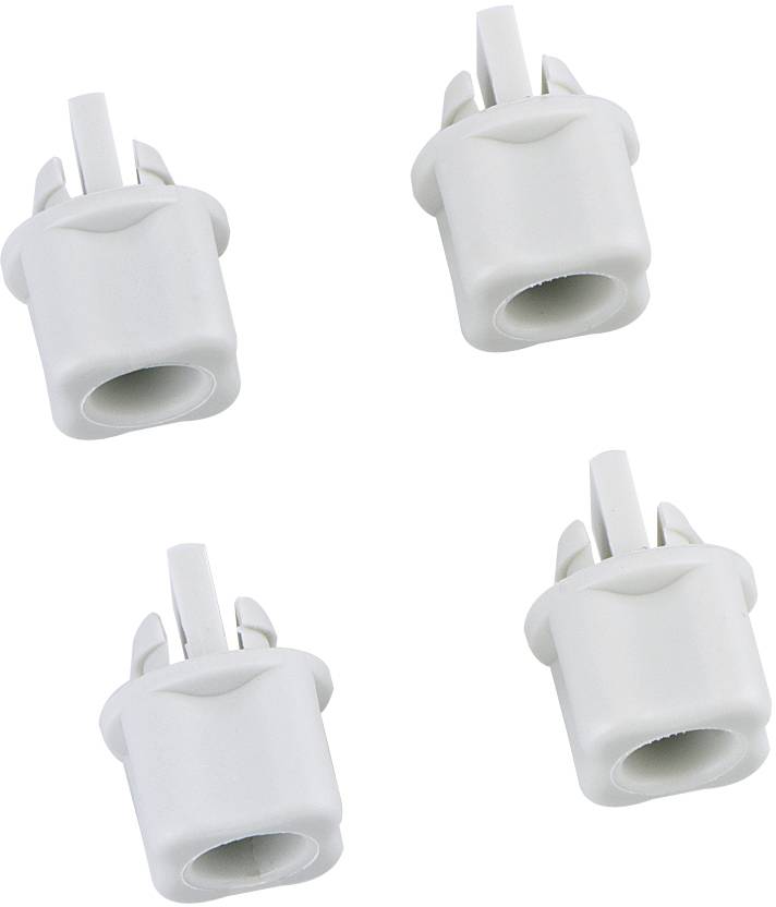 Quatre attaches de câble en plastique blanc dans différentes orientations sur un fond blanc. Elles sont conçues pour la gestion des câbles.