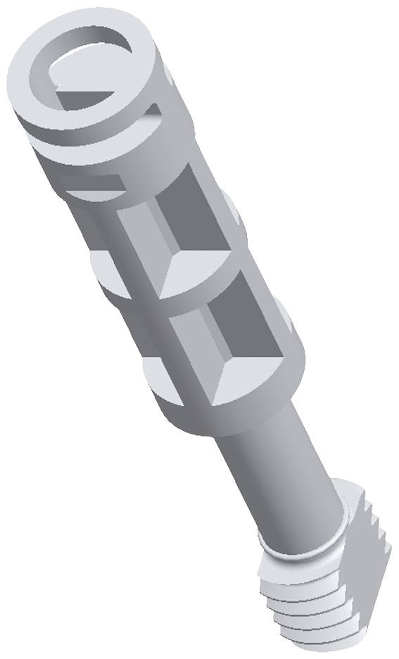 Représentation grise en 3D d'un composant cylindrique avec plusieurs rainures et un bloc rectangulaire à son extrémité.