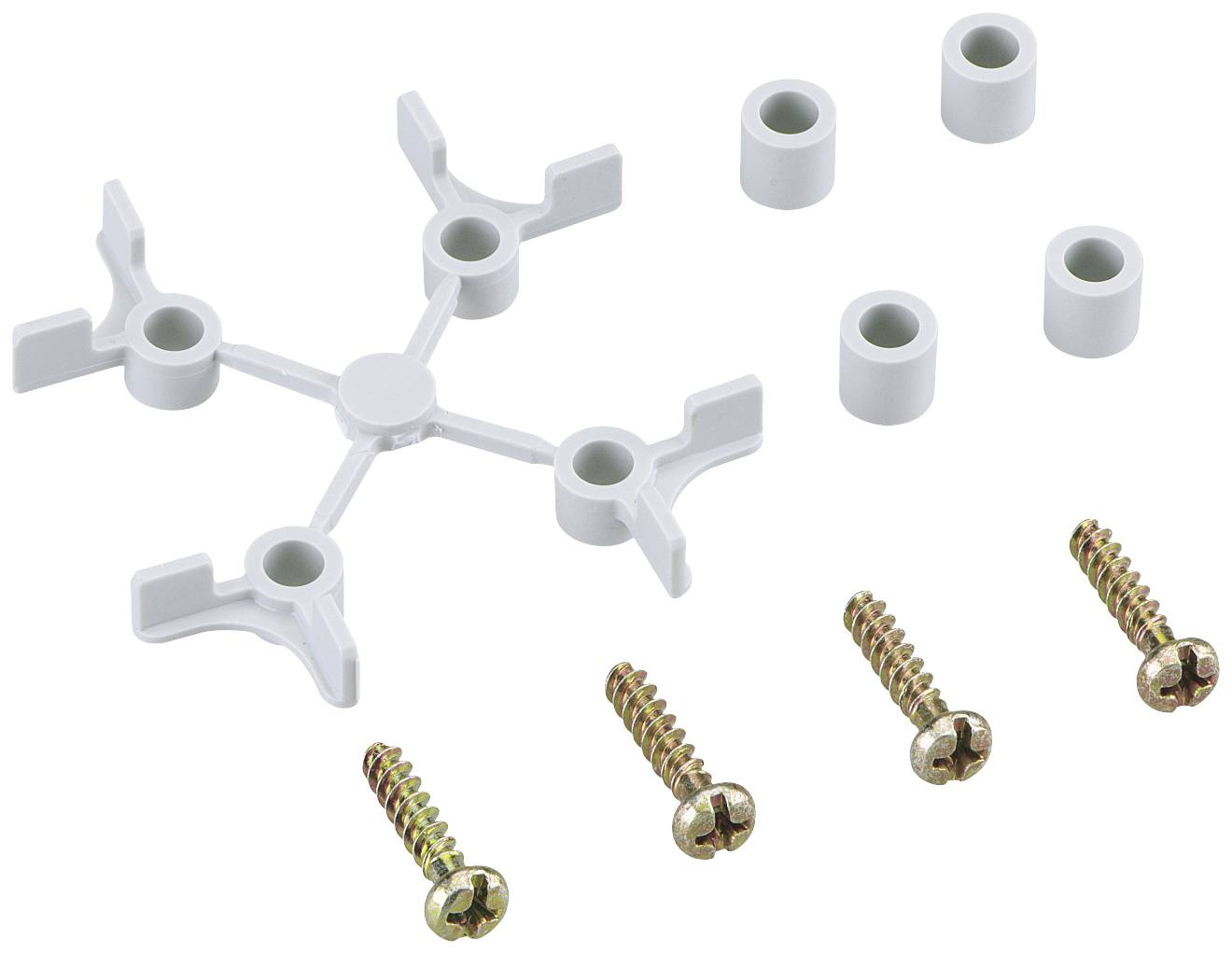 Pièce en plastique en forme de croix avec vis et entretoises. Convient pour le montage, offre stabilité et support.
