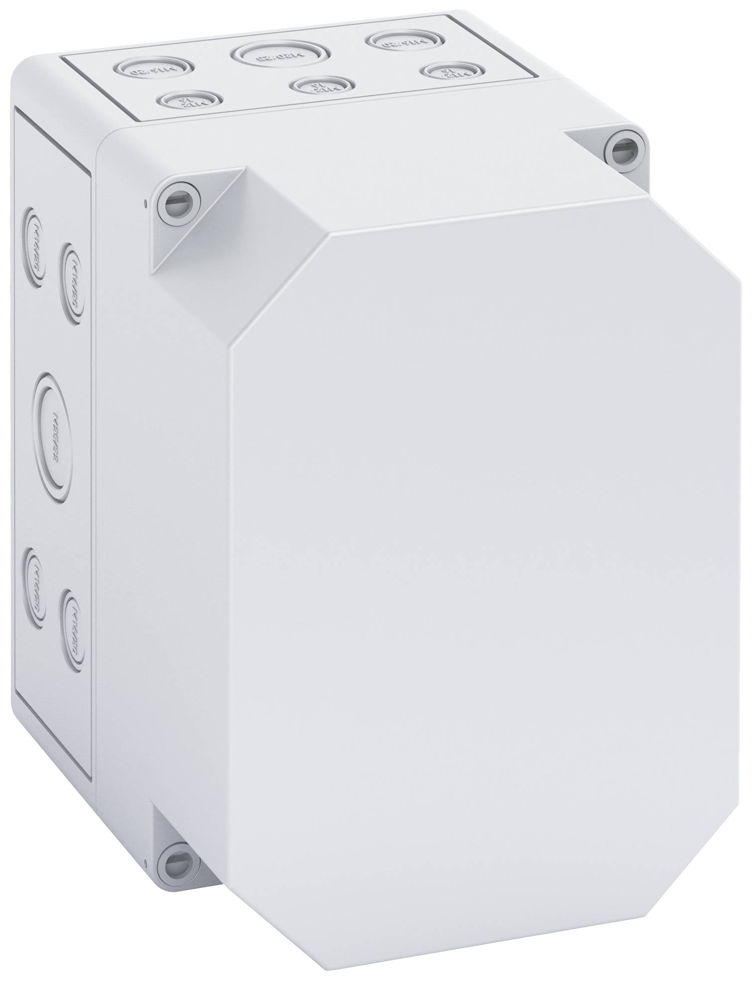 Boîte de raccordement électrique blanche aux angles arrondis, équipée de plusieurs passages de câbles circulaires, conçue pour un câblage sécurisé.