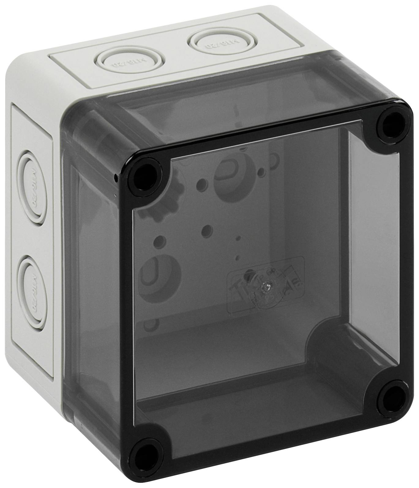 Boîtier gris rectangulaire avec couvercle transparent et accès latéraux pour câbles, utilisé pour les installations électriques.