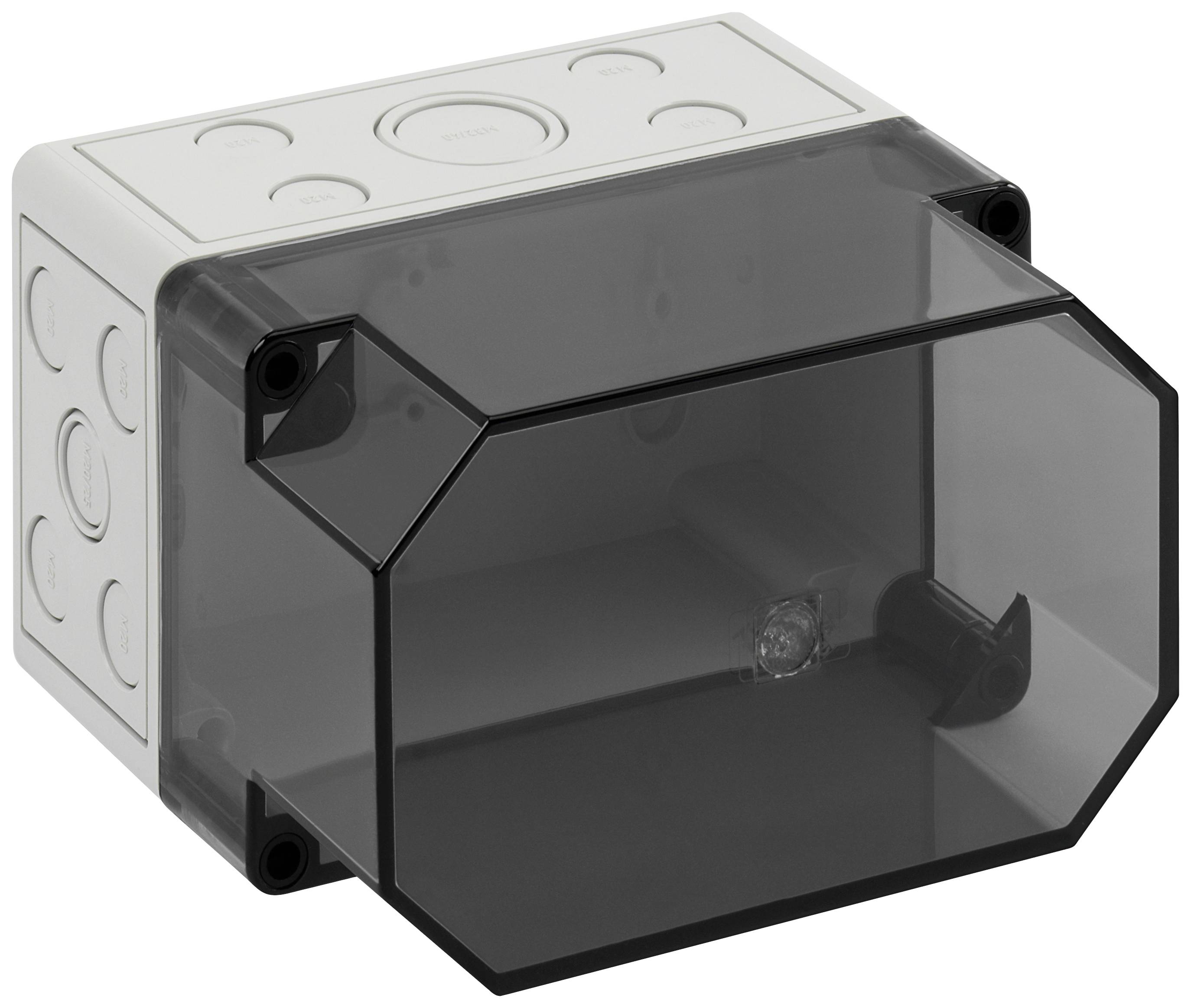 Boîte de montage blanche avec couvercle gris transparent, adaptée pour le câblage ou la protection électronique en intérieur.