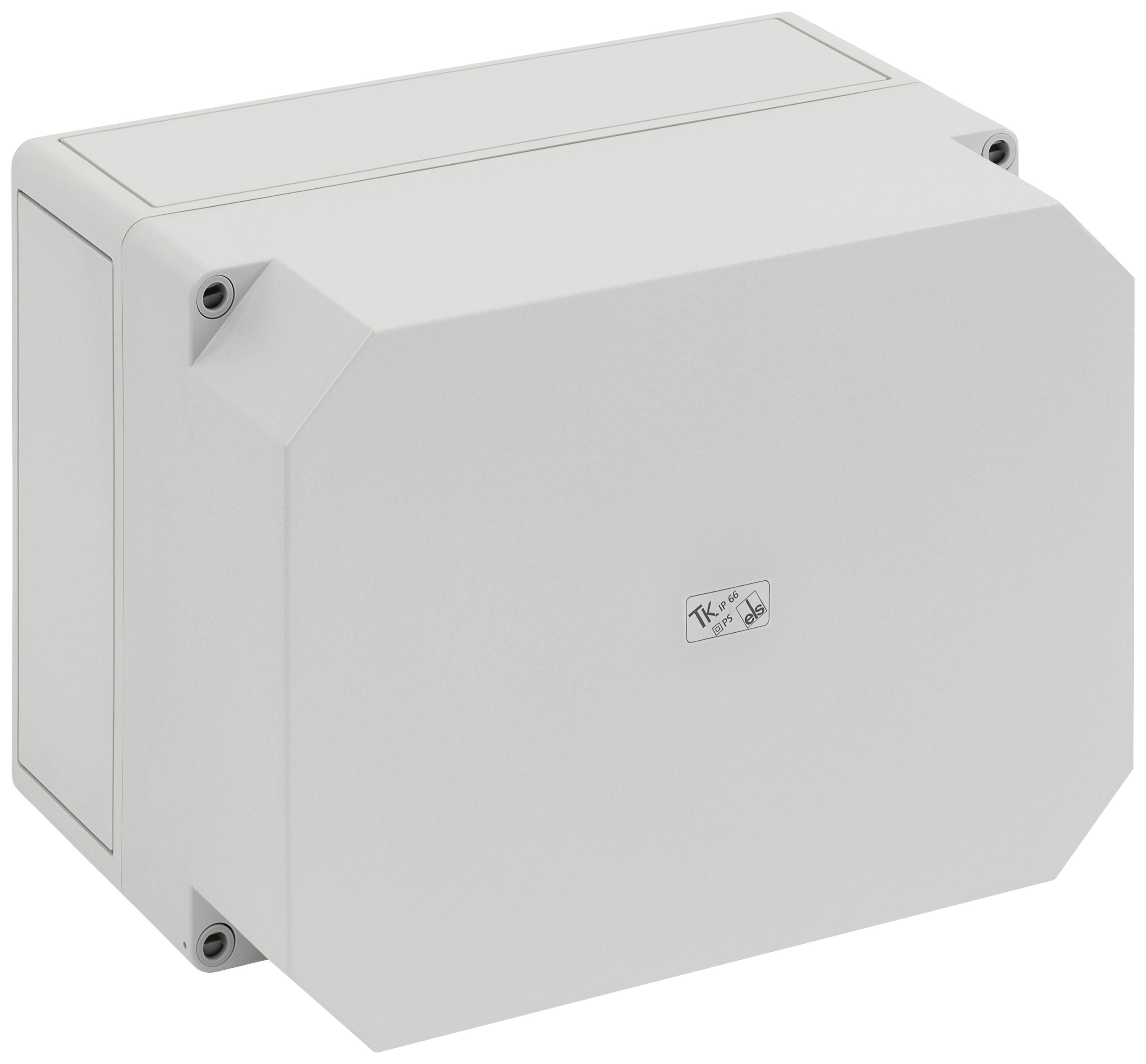 Boîte de dérivation blanche, rectangulaire, avec des angles biseautés et des fixations à vis dans les coins. Un petit logo est visible au centre.