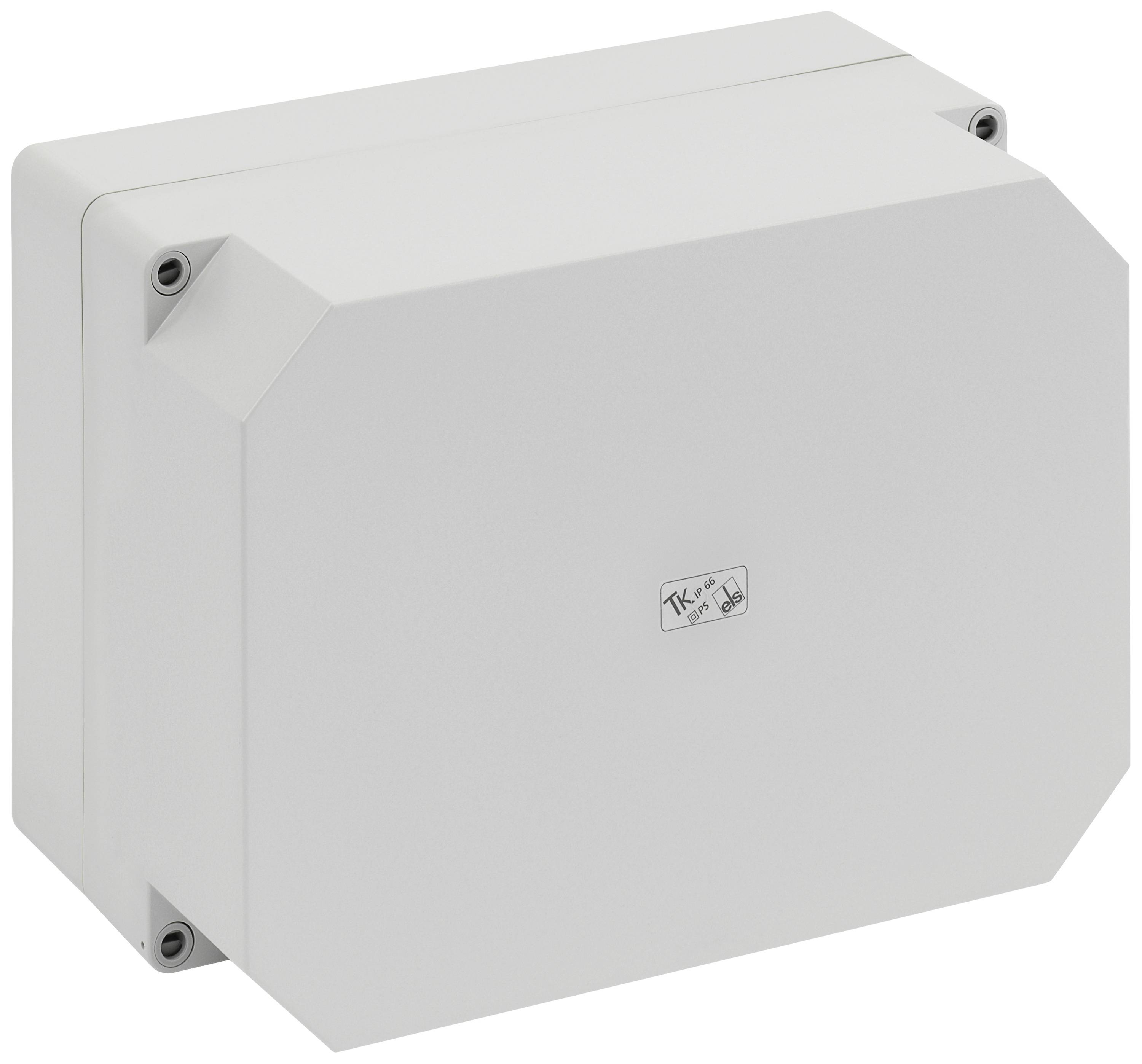 Boîtier en plastique gris, rectangulaire (coffret de distribution) avec des angles biseautés et un petit logo au centre de la façade.