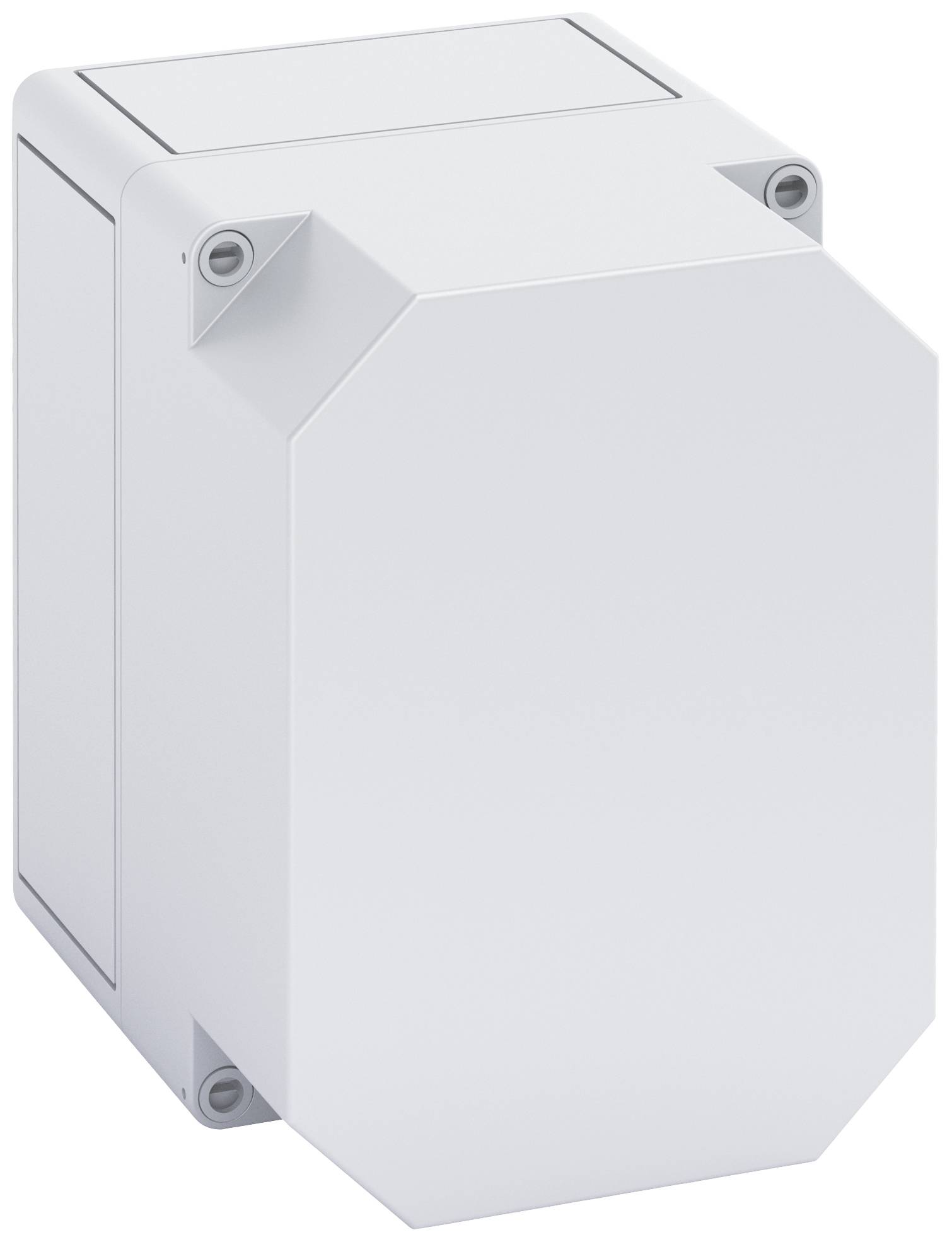 Un boîtier rectangulaire blanc avec des angles biseautés et des vis aux coins. Il semble s'agir d'un dispositif technique.