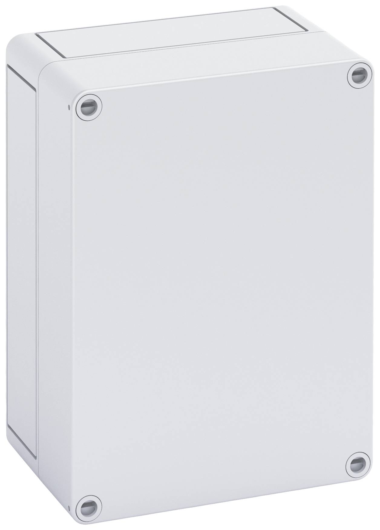 Un boîtier rectangulaire gris avec quatre vis visibles aux coins. Adapté pour une utilisation à l'intérieur comme à l'extérieur.