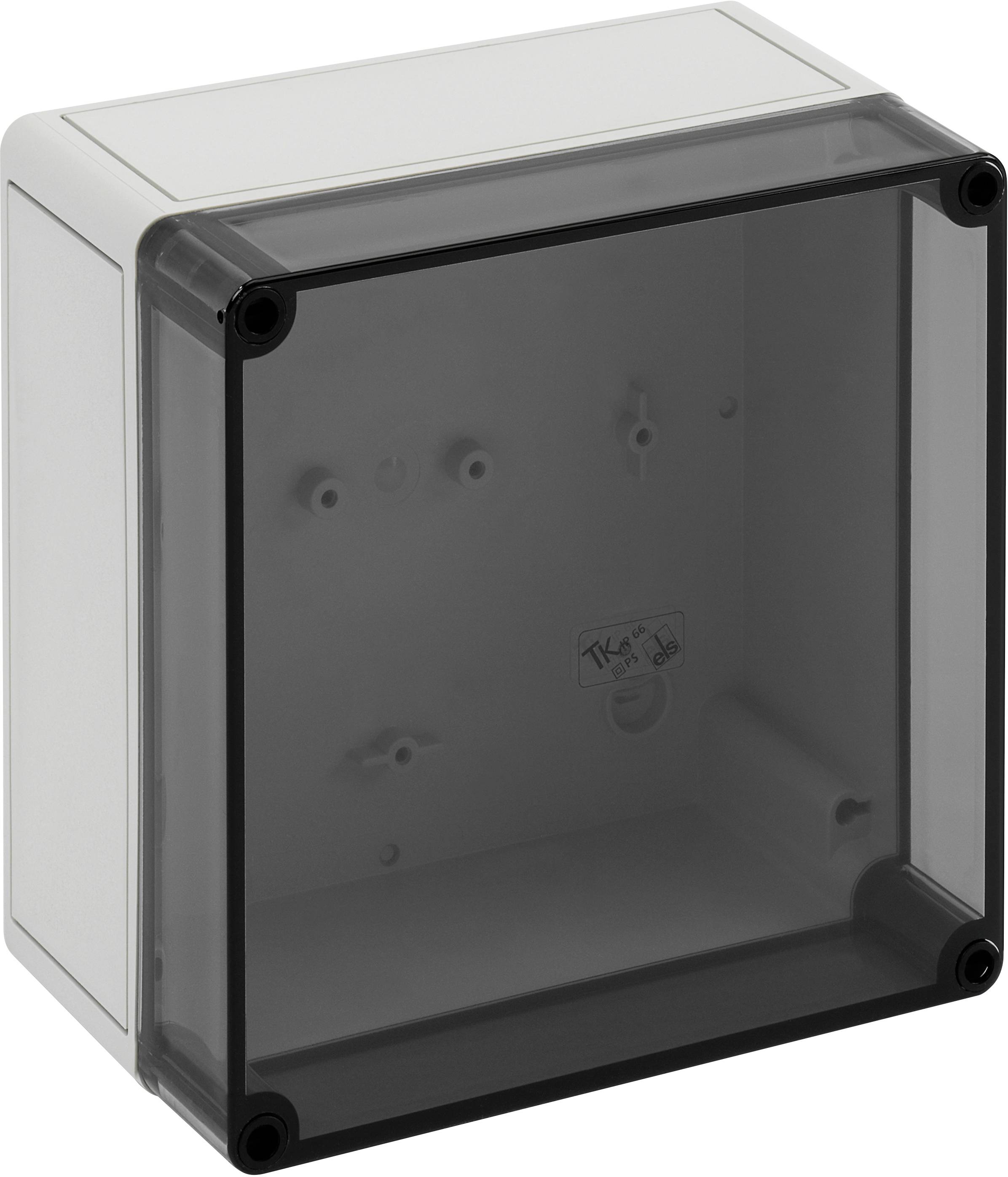 Boîtier rectangulaire blanc avec un couvercle transparent de couleur fumée et quatre vis noires aux angles.