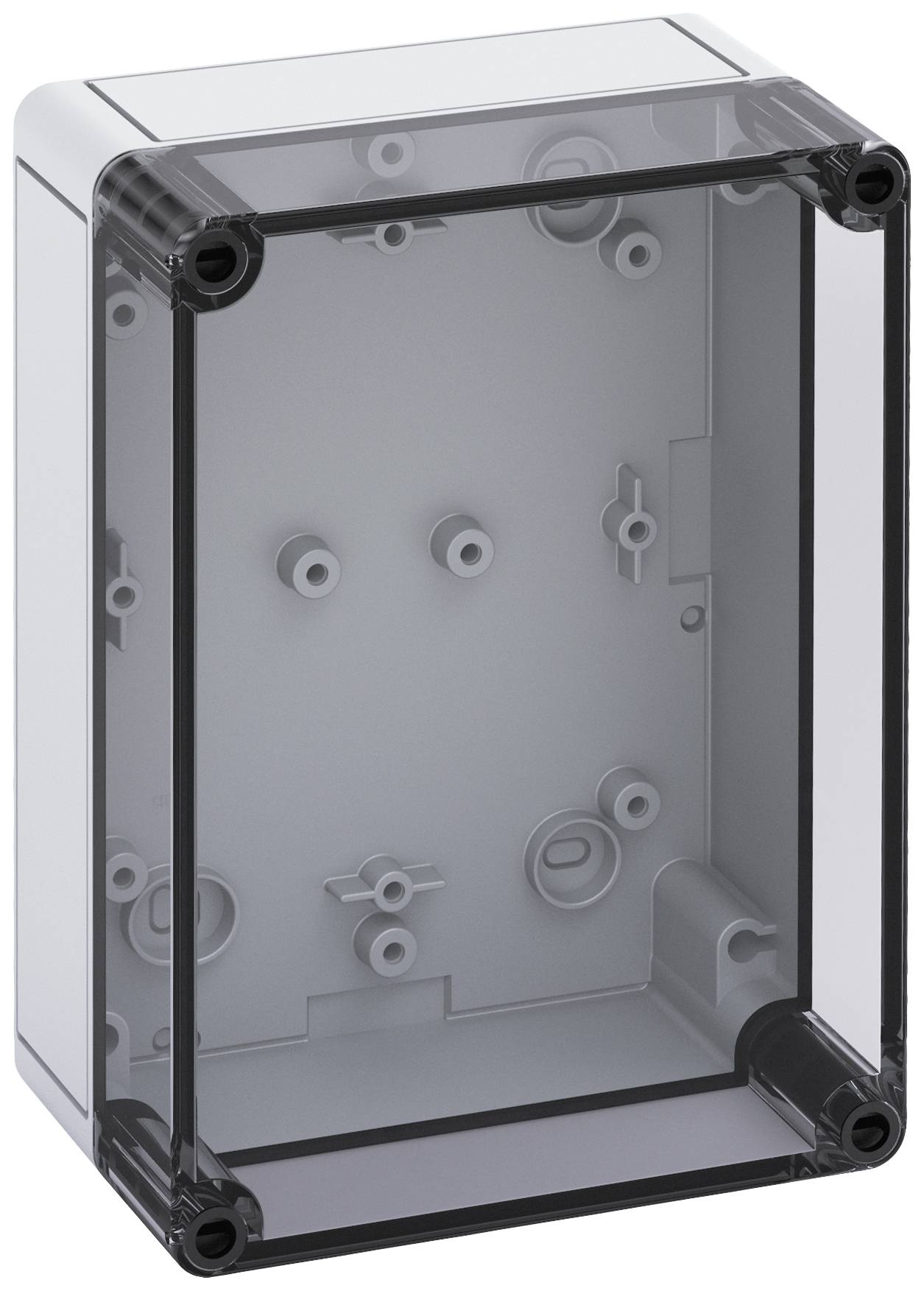 Boîtier en plastique gris, rectangulaire, avec un couvercle transparent et des angles arrondis. Il dispose de points de fixation préfabriqués à l'intérieur.