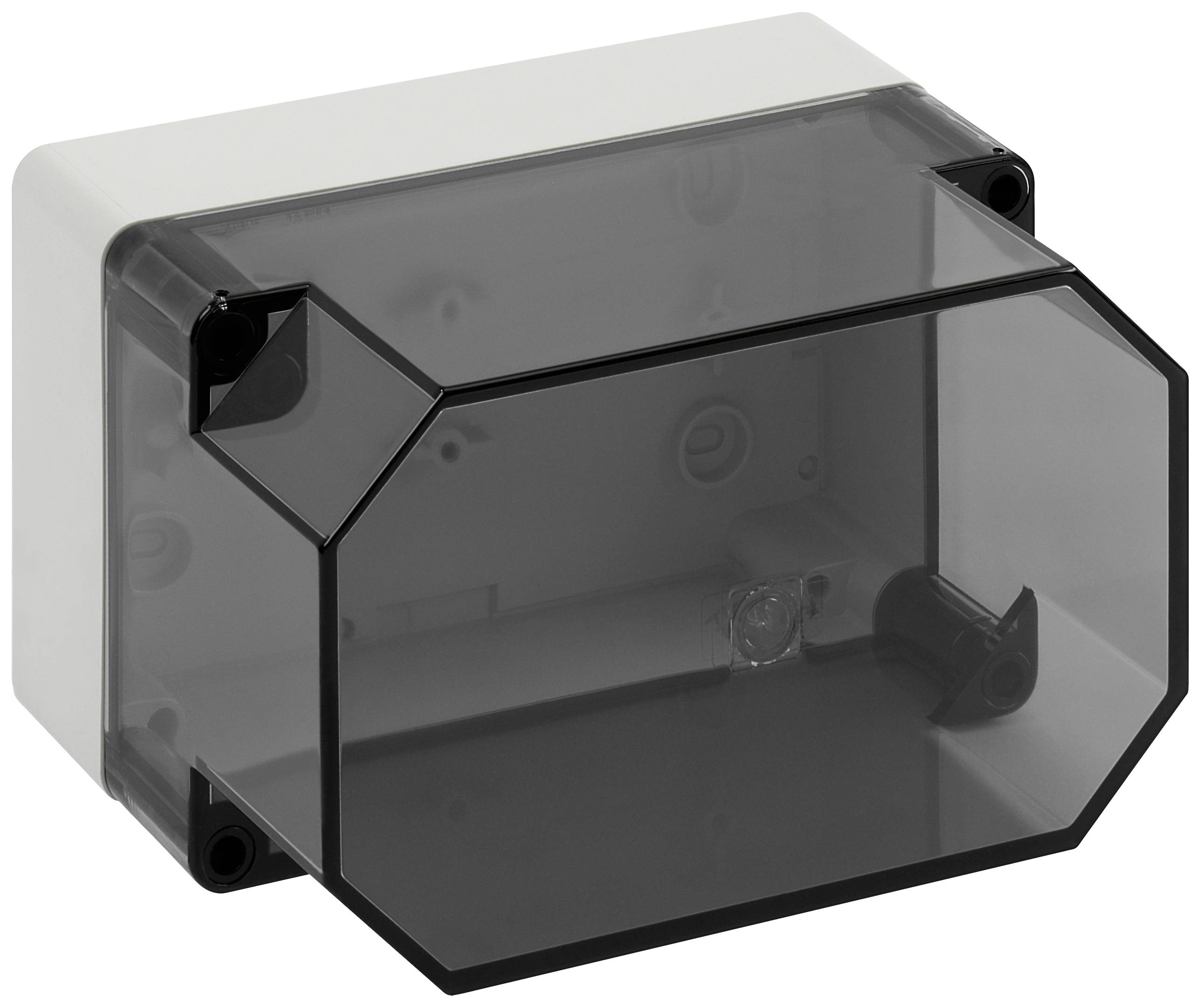 Boîte en plastique transparent rectangulaire avec couvercle amovible et points de fixation latéraux, adaptée aux appareils électroniques.