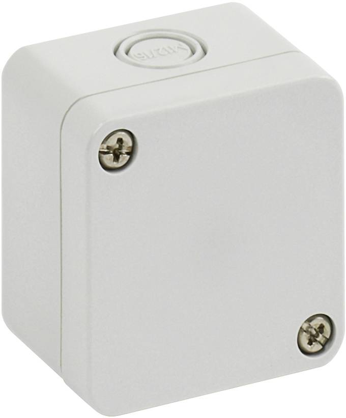 Boîtier de raccordement gris, rectangulaire, avec des coins arrondis et deux vis apparentes.