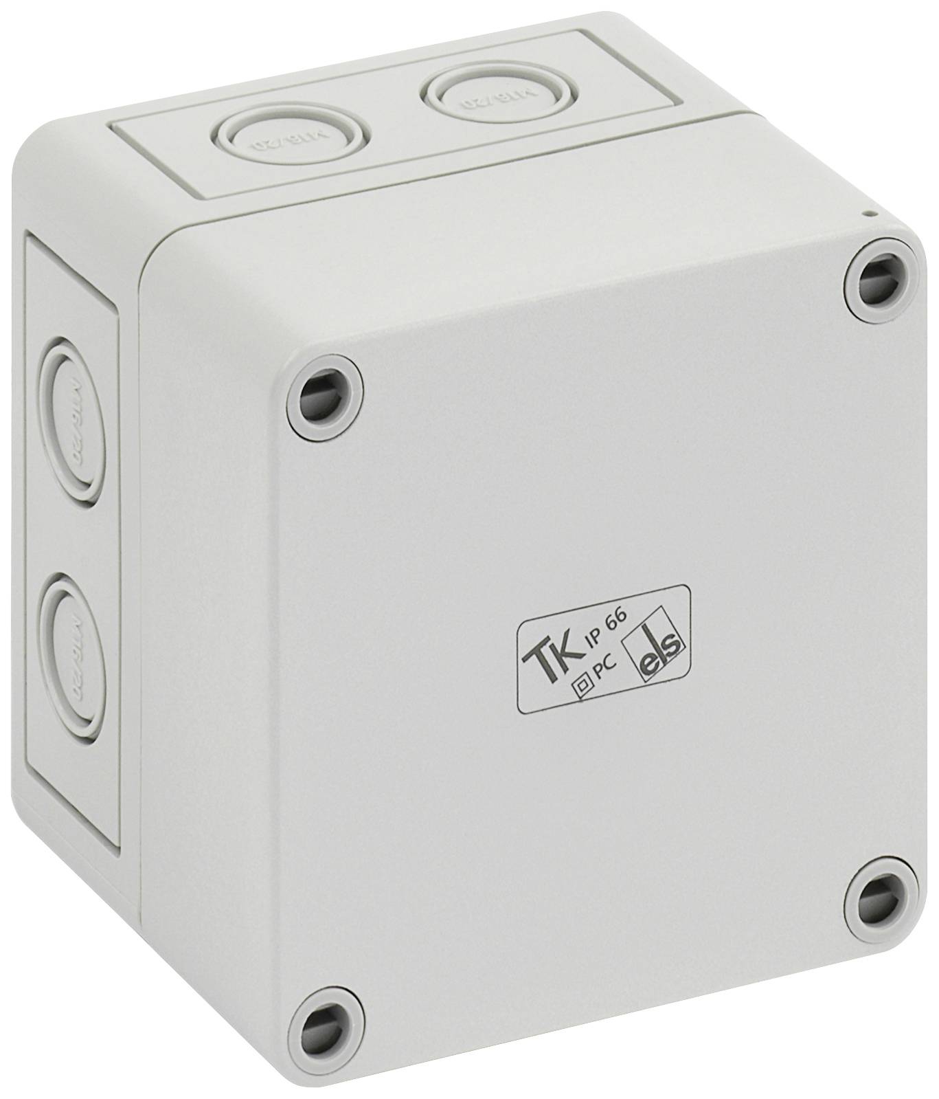 Un boîtier électrique en plastique gris avec plusieurs entrées de câbles et l'inscription 'TK IP 66'. Adapté pour une utilisation en extérieur.