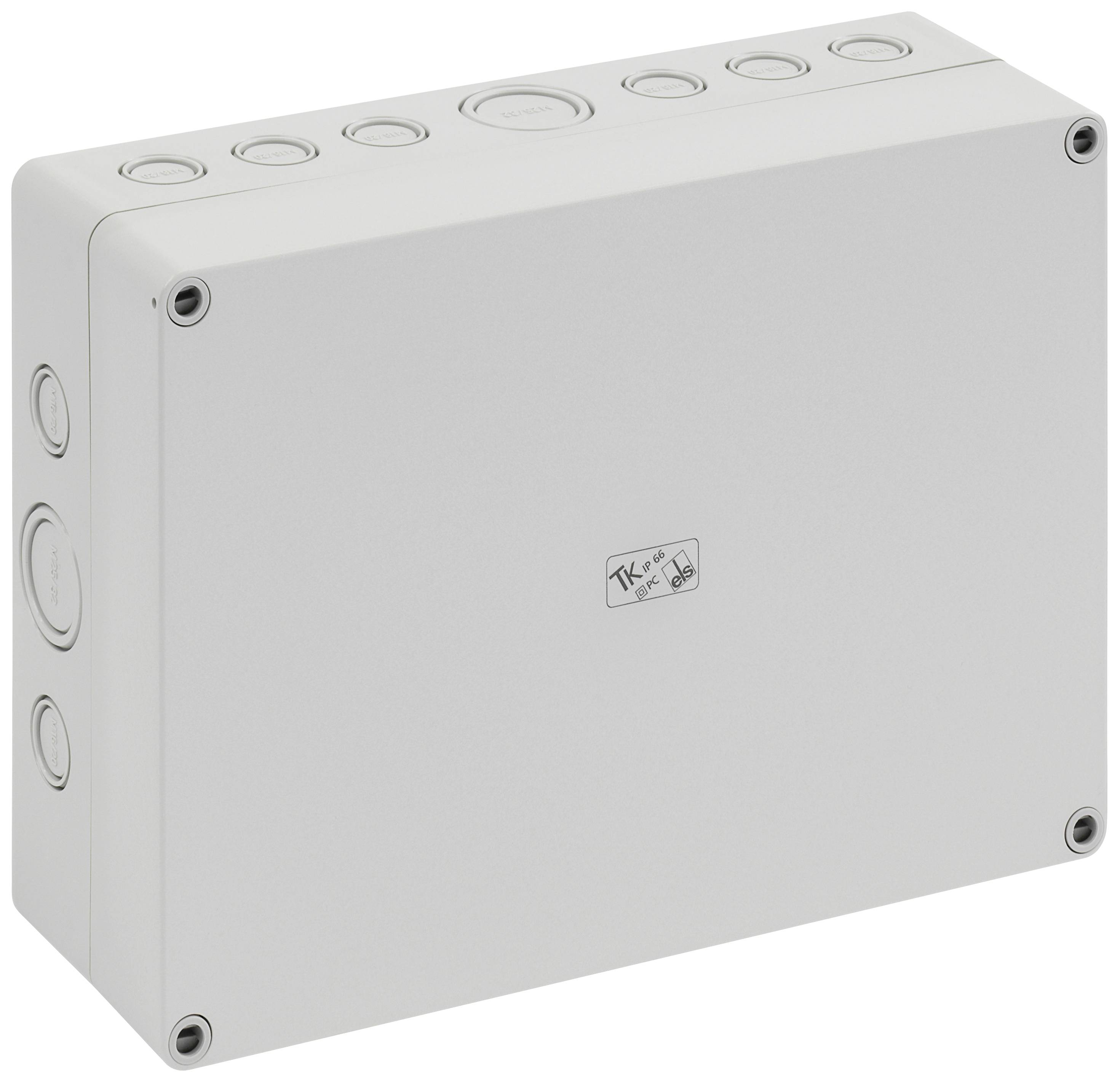 Un boîtier de raccordement rectangulaire blanc avec plusieurs points d'accès ronds sur le dessus et sur les côtés. Un petit logo est situé au centre.