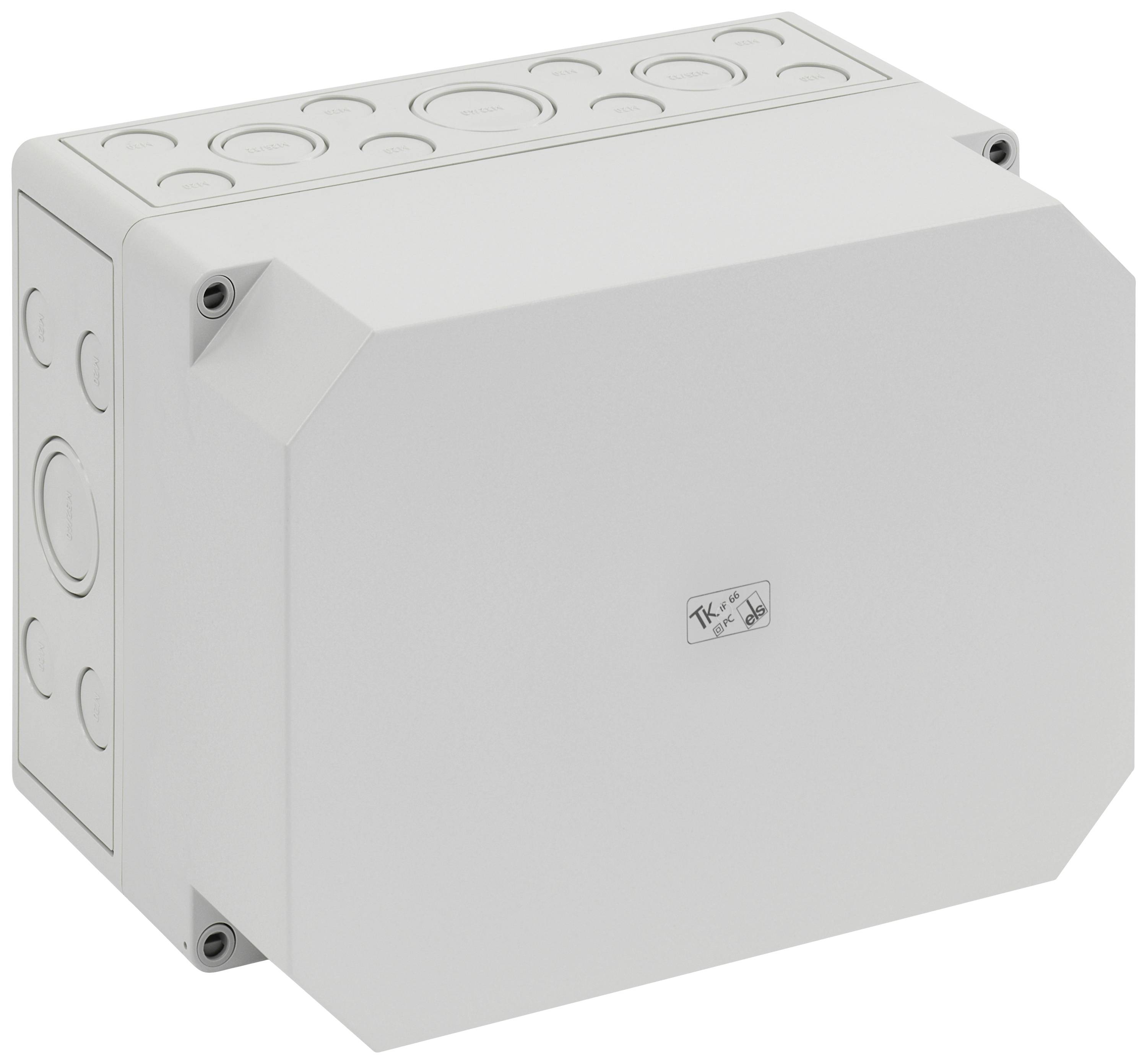 Boîtier en plastique gris, rectangulaire avec des angles arrondis et plusieurs ouvertures de passage de câbles sur chaque côté.