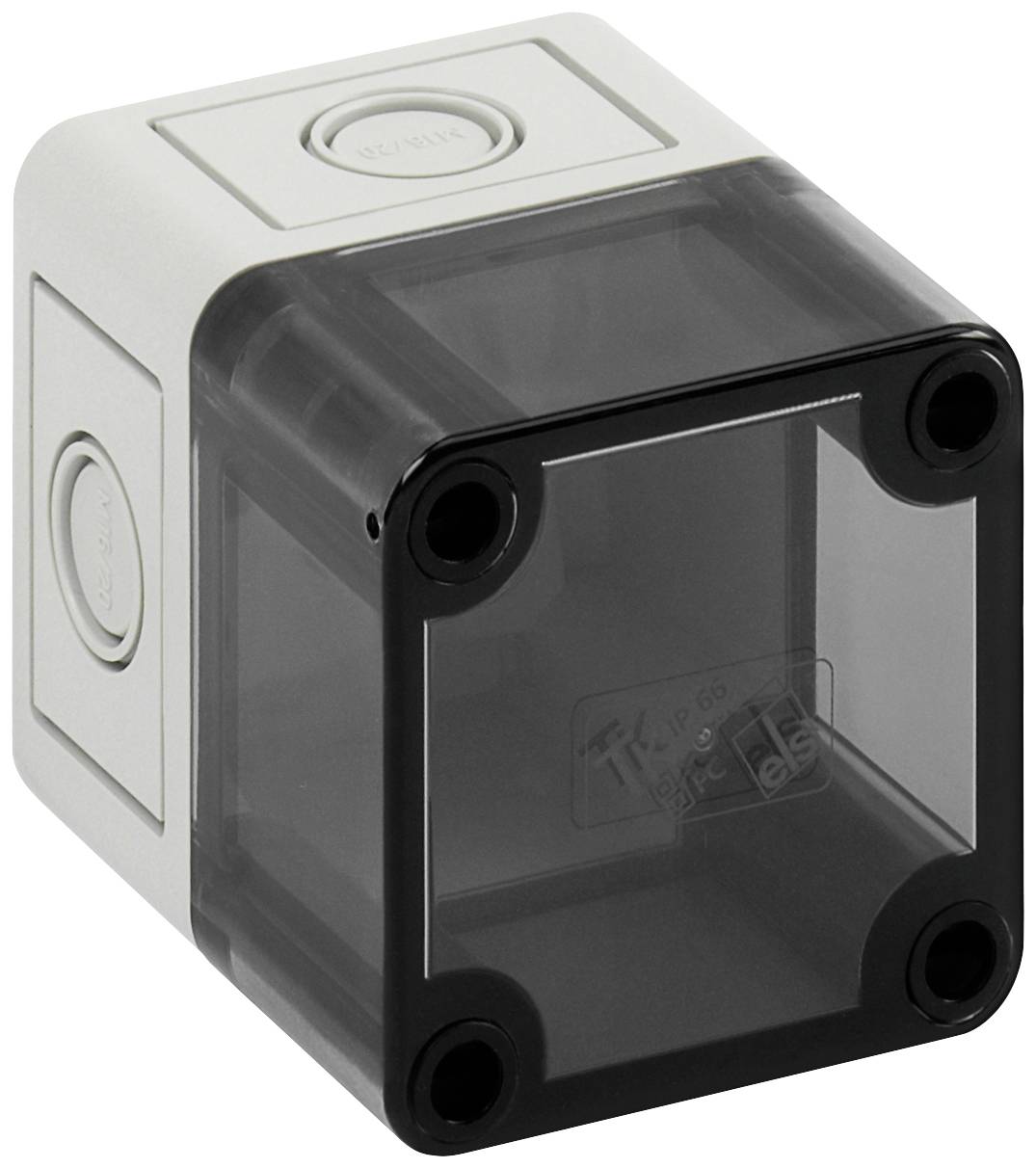 Boîtier électrique gris avec couvercle en plastique transparent et plusieurs ouvertures rondes d'entrée sur les côtés.